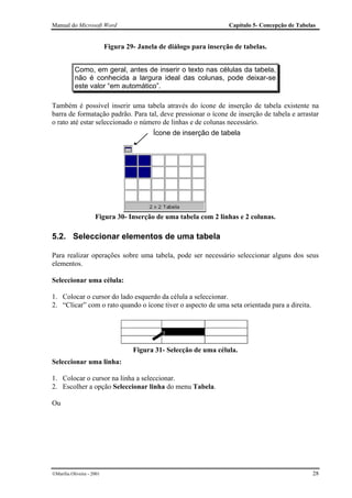 Manual do Microsoft Word                                            Capítulo 5- Concepção de Tabelas


                           Figura 29- Janela de diálogo para inserção de tabelas.


           Como, em geral, antes de inserir o texto nas células da tabela,
           não é conhecida a largura ideal das colunas, pode deixar-se
           este valor “em automático”.

Também é possível inserir uma tabela através do ícone de inserção de tabela existente na
barra de formatação padrão. Para tal, deve pressionar o ícone de inserção de tabela e arrastar
o rato até estar seleccionado o número de linhas e de colunas necessário.
                                           Ícone de inserção de tabela




                     Figura 30- Inserção de uma tabela com 2 linhas e 2 colunas.

5.2. Seleccionar elementos de uma tabela

Para realizar operações sobre uma tabela, pode ser necessário seleccionar alguns dos seus
elementos.

Seleccionar uma célula:

1. Colocar o cursor do lado esquerdo da célula a seleccionar.
2. “Clicar” com o rato quando o ícone tiver o aspecto de uma seta orientada para a direita.




                                    Figura 31- Selecção de uma célula.
Seleccionar uma linha:

1. Colocar o cursor na linha a seleccionar.
2. Escolher a opção Seleccionar linha do menu Tabela.

Ou




Marília Oliveira - 2001                                                                          28
 