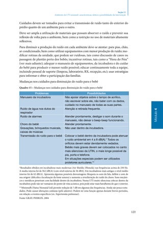 123
Módulo4
Seção 11
Ambiente da UTI neonatal: características, efeitos e possibilidades de intervenção
Cuidados devem ser tomados para evitar a transmissão de ruído tanto do exterior do
prédio quanto de um ambiente para o outro.
Deve ser ampla a utilização de materiais que possam absorver o ruído e prevenir sua
reflexão de volta para o ambiente, bem como a restrição no uso de materiais altamente
reflexivos.
Para diminuir a produção do ruído em cada ambiente deve‑se atentar: para pias, chão,
ar‑condicionado, bem como utilizar equipamentos com menor produção de ruído; mo‑
dificar rotinas da unidade, que podem ser ruidosas, tais como discussão de casos ou
passagem de plantão perto dos bebês; incentivar rotinas, tais como a “Hora do Psiu”
(ver mais adiante); adequar o manuseio de equipamentos, da incubadora e do cuidar
do bebê para produzir o menor ruído possível; educar continuamente toda a equipe,
incluindo pessoal de suporte (limpeza, laboratório, RX, recepção, etc); usar estratégias
para informar e obter a participação das famílias.
Mudanças nos cuidados para diminuição do ruído para o bebê
Quadro 15 – Mudanças nos cuidados para diminuição do ruído para o bebê
Problemas Possibilidades
Manuseio da incubadora Não apoiar objetos sobre o tampo de acrílico,
não escrever sobre ele, não bater com os dedos,
cuidado no manuseio de todas as suas partes.
Ruído de água nos dutos do
respirador
Atenção e retirada frequente.
Ruído de alarmes Atender prontamente, desligar o som durante o
manuseio, não deixar o beep‑beep funcionando.
Choro do bebê Atender prontamente.
Gravações, brinquedos musicais,
caixas de músicas
Não usar dentro da incubadora.
Transmissão do ruído para o bebê Colocar o bebê dentro da incubadora pode atenuar
o ruído ambiental em 4 a 8 dB(A).* Todos os
orifícios devem estar devidamente vedados.
Bebês mais graves devem ser colocados no canto
mais silencioso da UTIN, o mais longe possível da
pia, porta e telefone.
Em situações especiais podem ser utilizados
protetores auriculares.**
*Resultados obtidos em incubadoras mais modernas (Air Shields, Ohmeda) nas frequências acima de 250 Hz.
A media interna foi de 50,3 dB(A) (com nível externo de 56 dBA). Em incubadoras mais antigas o nível médio
interno foi de 62 dB(A). Apresenta algumas possíveis desvantagens: bloqueia os sons da fala, deflete o som de
sua origem (dificulta a localização da fonte sonora) e aumenta a reverberação do ruído do choro. Sons mecâni‑
cos e metálicos penetram com facilidade dentro da incubadora. Numa UTI muito silenciosa colocar dentro da
incubadora pode não ser vantajoso do ponto de vista acústico, pois pode estar mais barulhenta do que o exterior.
**Minimuffs (Natus Neonatal Ltd) permite redução de 7 dB em algumas das frequências. Ainda são pouco estu‑
dados. Pode causar alterações cutâneas (pelo adesivo). Podem ter uma função apenas durante breves períodos,
em relação a eventos específicos (ex.: hipertensão pulmonar).
Fonte: GRAY; PHIBLIN, 2004
 