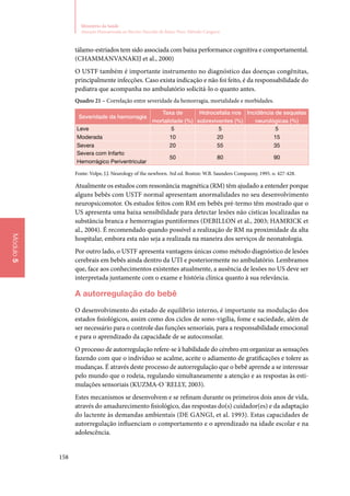 158
Ministério da Saúde
Atenção Humanizada ao Recém-Nascido de Baixo Peso: Método Canguru
Módulo5
­tálamo‑estriados tem sido associada com baixa performance cognitiva e comportamental.
(Chammanvanakij et al., 2000)
O USTF também é importante instrumento no diagnóstico das doenças congênitas,
principalmente infecções. Caso exista indicação e não foi feito, é da responsabilidade do
pediatra que acompanha no ambulatório solicitá‑lo o quanto antes.
Quadro 21 – Correlação entre severidade da hemorragia, mortalidade e morbidades.
Severidade da hemorragia
Taxa de
mortalidade (%)
Hidrocefalia nos
sobreviventes (%)
Incidência de sequelas
neurológicas (%)
Leve 5 5 5
Moderada 10 20 15
Severa 20 55 35
Severa com Infarto
Hemorrágico Periventricular
50 80 90
Fonte: Volpe, J.J. Neurology of the newborn. 3rd ed. Boston: W.B. Saunders Companny, 1995. o. 427‑428.
Atualmente os estudos com ressonância magnética (RM) têm ajudado a entender porque
alguns bebês com USTF normal apresentam anormalidades no seu desenvolvimento
neuropsicomotor. Os estudos feitos com RM em bebês pré‑termo têm mostrado que o
US apresenta uma baixa sensibilidade para detectar lesões não císticas localizadas na
substância branca e hemorragias puntiformes (Debillon et al., 2003; Hamrick et
al., 2004). É recomendado quando possível a realização de RM na proximidade da alta
hospitalar, embora esta não seja a realizada na maneira dos serviços de neonatologia.
Por outro lado, o USTF apresenta vantagens únicas como método diagnóstico de lesões
cerebrais em bebês ainda dentro da UTI e posteriormente no ambulatório. Lembramos
que, face aos conhecimentos existentes atualmente, a ausência de lesões no US deve ser
interpretada juntamente com o exame e história clínica quanto à sua relevância.
A autorregulação do bebê
O desenvolvimento do estado de equilíbrio interno, é importante na modulação dos
estados fisiológicos, assim como dos ciclos de sono‑vigília, fome e saciedade, além de
ser necessário para o controle das funções sensoriais, para a responsabilidade emocional
e para o aprendizado da capacidade de se autoconsolar.
O processo de autorregulação refere‑se à habilidade do cérebro em organizar as sensações
fazendo com que o indivíduo se acalme, aceite o adiamento de gratificações e tolere as
mudanças. É através deste processo de autorregulação que o bebê aprende a se interessar
pelo mundo que o rodeia, regulando simultaneamente a atenção e as respostas às esti‑
mulações sensoriais (KUZMA‑O´RELLY, 2003).
Estes mecanismos se desenvolvem e se refinam durante os primeiros dois anos de vida,
através do amadurecimento fisiológico, das respostas do(s) cuidador(es) e da adaptação
do lactente às demandas ambientais (De Gangi, et al. 1993). Estas capacidades de
autorregulação influenciam o comportamento e o aprendizado na idade escolar e na
adolescência.
 