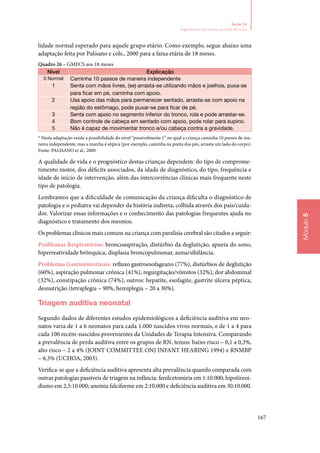 167
Módulo5
Seção 14
Seguimento do recém‑nascido de risco
lidade normal esperado para aquele grupo etário. Como exemplo, segue abaixo uma
adaptação feita por Palisano e cols., 2000 para a faixa etária de 18 meses.
Quadro 26 – GMFCS aos 18 meses	
Nível Explicação
0 Normal Caminha 10 passos de maneira independente
1 Senta com mãos livres, (se) arrasta‑se utilizando mãos e joelhos, puxa‑se
para ficar em pé, caminha com apoio.
2 Usa apoio das mãos para permanecer sentado, arrasta‑se com apoio na
região do estômago, pode puxar‑se para ficar de pé.
3 Senta com apoio no segmento inferior do tronco, rola e pode arrastar‑se.
4 Bom controle de cabeça em sentado com apoio, pode rolar para supino.
5 Não é capaz de movimentar tronco e/ou cabeça contra a gravidade.
* Nesta adaptação existe a possibilidade do nível “possivelmente 1” no qual a criança caminha 10 passos de ma‑
neira independente, mas a marcha é atípica (por exemplo, caminha na ponta dos pés, arrasta um lado do corpo).
Fonte: PALISANO et al., 2000
A qualidade de vida e o prognóstico destas crianças dependem: do tipo de comprome‑
timento motor, dos déficits associados, da idade de diagnóstico, do tipo, frequência e
idade de início de intervenção, além das intercorrências clínicas mais frequente neste
tipo de patologia.
Lembramos que a dificuldade de comunicação da criança dificulta o diagnóstico de
patologia e o pediatra vai depender da história indireta, colhida através dos pais/cuida‑
dor. Valorizar essas informações e o conhecimento das patologias frequentes ajuda no
diagnóstico e tratamento dos mesmos.
Os problemas clínicos mais comuns na criança com paralisia cerebral são citados a seguir:
Problemas Respiratórios: broncoaspiração, distúrbio da deglutição, apneia do sono,
hiperreatividade brônquica, displasia broncopulmonar, asma/sibilância.
Problemas Gastrointestinais: refluxo gastroesofageano (77%), distúrbios de deglutição
(60%), aspiração pulmonar crônica (41%), regurgitação/vômitos (32%), dor abdominal
(32%), constipação crônica (74%), outros: hepatite, esofagite, gastrite úlcera péptica,
desnutrição (tetraplegia – 90%, hemiplegia – 20 a 30%).
Triagem auditiva neonatal
Segundo dados de diferentes estudos epidemiológicos a deficiência auditiva em neo‑
natos varia de 1 a 6 neonatos para cada 1.000 nascidos vivos normais, e de 1 a 4 para
cada 100 recém‑nascidos provenientes da Unidades de Terapia Intensiva. Comparando
a prevalência de perda auditiva entre os grupos de RN, temos: baixo risco – 0,1 a 0,3%,
alto risco – 2 a 4% (JOINT COMMITTEE ONJ INFANT HEARING 1994) e RNMBP
– 6,3% (UCHOA, 2003).
Verifica‑se que a deficiência auditiva apresenta alta prevalência quando comparada com
outras patologias passíveis de triagem na infância: fenilcetonúria em 1:10.000; hipotireoi‑
dismo em 2,5:10.000; anemia falciforme em 2:10.000 e deficiência auditiva em 30:10.000.
 