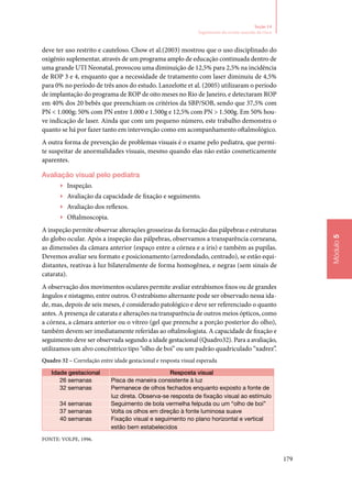 179
Módulo5
Seção 14
Seguimento do recém‑nascido de risco
deve ter uso restrito e cauteloso. Chow et al.(2003) mostrou que o uso disciplinado do
oxigênio suplementar, através de um programa amplo de educação continuada dentro de
uma grande UTI Neonatal, provocou uma diminuição de 12,5% para 2,5% na incidência
de ROP 3 e 4, enquanto que a necessidade de tratamento com laser diminuiu de 4,5%
para 0% no período de três anos do estudo. Lanzelotte et al. (2005) utilizaram o período
de implantação do programa de ROP de oito meses no Rio de Janeiro, e detectaram ROP
em 40% dos 20 bebês que preenchiam os critérios da SBP/SOB, sendo que 37,5% com
PN  1.000g; 50% com PN entre 1.000 e 1.500g e 12,5% com PN  1.500g. Em 50% hou‑
ve indicação de laser. Ainda que com um pequeno número, este trabalho demonstra o
quanto se há por fazer tanto em intervenção como em acompanhamento oftalmológico.
A outra forma de prevenção de problemas visuais é o exame pelo pediatra, que permi‑
te suspeitar de anormalidades visuais, mesmo quando elas não estão cosmeticamente
aparentes.
Avaliação visual pelo pediatra
▶▶ Inspeção.
▶▶ Avaliação da capacidade de fixação e seguimento.
▶▶ Avaliação dos reflexos.
▶▶ Oftalmoscopia.
A inspeção permite observar alterações grosseiras da formação das pálpebras e estruturas
do globo ocular. Após a inspeção das pálpebras, observamos a transparência corneana,
as dimensões da câmara anterior (espaço entre a córnea e a íris) e também as pupilas.
Devemos avaliar seu formato e posicionamento (arredondado, centrado), se estão equi‑
distantes, reativas à luz bilateralmente de forma homogênea, e negras (sem sinais de
catarata).
A observação dos movimentos oculares permite avaliar estrabismos fixos ou de grandes
ângulos e nistagmo, entre outros. O estrabismo alternante pode ser observado nessa ida‑
de, mas, depois de seis meses, é considerado patológico e deve ser referenciado o quanto
antes. A presença de catarata e alterações na transparência de outros meios ópticos, como
a córnea, a câmara anterior ou o vítreo (gel que preenche a porção posterior do olho),
também devem ser imediatamente referidas ao oftalmologista. A capacidade de fixação e
seguimento deve ser observada segundo a idade gestacional (Quadro32). Para a avaliação,
utilizamos um alvo concêntrico tipo “olho de boi” ou um padrão quadriculado “xadrez”.
Quadro 32 – Correlação entre idade gestacional e resposta visual esperada
Idade gestacional Resposta visual
26 semanas Pisca de maneira consistente à luz
32 semanas Permanece de olhos fechados enquanto exposto a fonte de
luz direta. Observa‑se resposta de fixação visual ao estímulo
34 semanas Seguimento de bola vermelha felpuda ou um “olho de boi”
37 semanas Volta os olhos em direção à fonte luminosa suave
40 semanas Fixação visual e seguimento no plano horizontal e vertical
estão bem estabelecidos
Fonte: VOLPE, 1996.
 