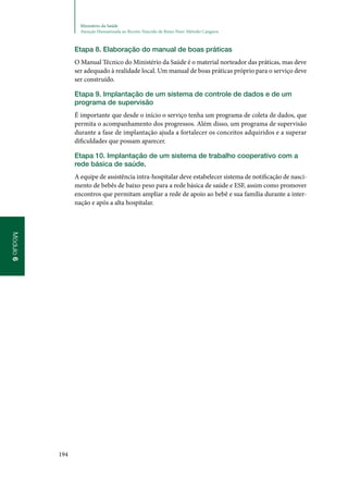 194
Ministério da Saúde
Atenção Humanizada ao Recém-Nascido de Baixo Peso: Método Canguru
Módulo6
Etapa 8. Elaboração do manual de boas práticas
O Manual Técnico do Ministério da Saúde é o material norteador das práticas, mas deve
ser adequado à realidade local. Um manual de boas práticas próprio para o serviço deve
ser construído.
Etapa 9. Implantação de um sistema de controle de dados e de um
programa de supervisão
É importante que desde o início o serviço tenha um programa de coleta de dados, que
permita o acompanhamento dos progressos. Além disso, um programa de supervisão
durante a fase de implantação ajuda a fortalecer os conceitos adquiridos e a superar
dificuldades que possam aparecer.
Etapa 10. Implantação de um sistema de trabalho cooperativo com a
rede básica de saúde.
A equipe de assistência intra‑hospitalar deve estabelecer sistema de notificação de nasci‑
mento de bebês de baixo peso para a rede básica de saúde e ESF, assim como promover
encontros que permitam ampliar a rede de apoio ao bebê e sua família durante a inter‑
nação e após a alta hospitalar.
 