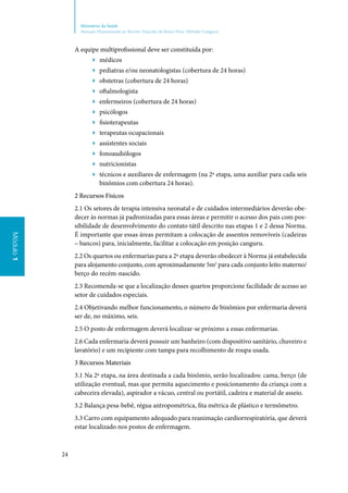 24
Ministério da Saúde
Atenção Humanizada ao Recém-Nascido de Baixo Peso: Método Canguru
Módulo1Módulo1
A equipe multiprofissional deve ser constituída por:
▶▶ médicos
▶▶ pediatras e/ou neonatologistas (cobertura de 24 horas)
▶▶ obstetras (cobertura de 24 horas)
▶▶ oftalmologista
▶▶ enfermeiros (cobertura de 24 horas)
▶▶ psicólogos
▶▶ fisioterapeutas
▶▶ terapeutas ocupacionais
▶▶ assistentes sociais
▶▶ fonoaudiólogos
▶▶ nutricionistas
▶▶ técnicos e auxiliares de enfermagem (na 2ª etapa, uma auxiliar para cada seis
binômios com cobertura 24 horas).
2 Recursos Físicos
2.1 Os setores de terapia intensiva neonatal e de cuidados intermediários deverão obe‑
decer às normas já padronizadas para essas áreas e permitir o acesso dos pais com pos‑
sibilidade de desenvolvimento do contato tátil descrito nas etapas 1 e 2 dessa Norma.
É importante que essas áreas permitam a colocação de assentos removíveis (cadeiras
– bancos) para, inicialmente, facilitar a colocação em posição canguru.
2.2 Os quartos ou enfermarias para a 2ª etapa deverão obedecer à Norma já estabelecida
para alojamento conjunto, com aproximadamente 5m2
para cada conjunto leito materno/
berço do recém‑nascido.
2.3 Recomenda‑se que a localização desses quartos proporcione facilidade de acesso ao
setor de cuidados especiais.
2.4 Objetivando melhor funcionamento, o número de binômios por enfermaria deverá
ser de, no máximo, seis.
2.5 O posto de enfermagem deverá localizar‑se próximo a essas enfermarias.
2.6 Cada enfermaria deverá possuir um banheiro (com dispositivo sanitário, chuveiro e
lavatório) e um recipiente com tampa para recolhimento de roupa usada.
3 Recursos Materiais
3.1 Na 2ª etapa, na área destinada a cada binômio, serão localizados: cama, berço (de
utilização eventual, mas que permita aquecimento e posicionamento da criança com a
cabeceira elevada), aspirador a vácuo, central ou portátil, cadeira e material de asseio.
3.2 Balança pesa‑bebê, régua antropométrica, fita métrica de plástico e termômetro.
3.3 Carro com equipamento adequado para reanimação cardiorrespiratória, que deverá
estar localizado nos postos de enfermagem.
 