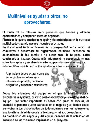 Multinivel es ayudar a otros, no
aprovecharse.
El multinivel es relación entre personas que buscan y ofrecen
oportunidades y comparten ideas de negocios.
Piensa en lo que tu puedes conseguir, y después piensa en lo que será
multiplicado creando nuevos negocios asociados.
En el multinivel tu éxito depende de la prosperidad de tus socios, si
comienzas a desarrollar tu organización multinivel pensando en
aprovecharte de los demás y no poner nada de tu parte, estás
condenado al fracaso. Cuanta más información y experiencia tengas
sobre tu empresa y su plan de marketing para desarrollarlo, mejor y
más fructífera será tu actuación ayudando a los nuevos socios.
Al principio debes actuar como una
esponja, tomando la mayor
información posible, haciendo
preguntas y buscando respuestas.
Todos los miembros del equipo en el que te integras estarán
dispuestos a ayudarte, tu éxito personal contribuye al éxito global del
equipo. Otro factor importante es saber con quien te asocias, es
esencial la persona que te patrocina en el negocio y al tiempo debes
demostrar a tus patrocinados en todo momento con tus actuaciones
una total integridad desprovista de cualquier atisbo de egoísmo.
La credibilidad del negocio y del equipo depende de la actuación de
10
cada uno de los miembros implicados en el proyecto.

 