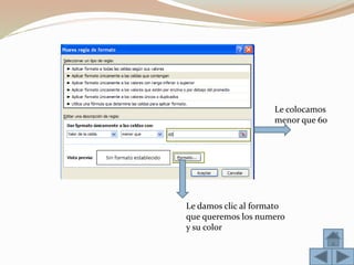 Le colocamos
menor que 60
Le damos clic al formato
que queremos los numero
y su color
 