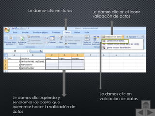 Le damos clic en datos
Le damos clic izquierdo y
señalamos las casilla que
queremos hacer la validación de
datos
Le damos clic en
validación de datos
Le damos clic en el icono
validación de datos
 