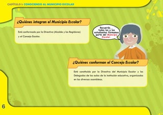 6
Está conformado por la Directiva (Alcalde y los Regidores)
y el Concejo Escolar.
	 Está constituido por la Directiva del Municipio Escolar y los
Delegados de las aulas de la institución educativa, organizados
en las diversas asambleas.
¿Quiénes integran el Municipio Escolar?
¿Quiénes conforman el Concejo Escolar?
CAPÍTULO I: CONOCIENDO AL MUNICIPIO ESCOLAR
Recuerda...
todos los y las
estudiantes formamos
parte del Municipio
Escolar.
 