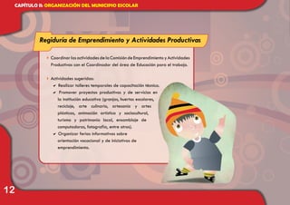 12
CAPÍTULO II: ORGANIZACIÓN DEL MUNICIPIO ESCOLAR
4	CoordinarlasactividadesdelaComisióndeEmprendimientoyActividades
Productivas con el Coordinador del área de Educación para el trabajo.
4	Actividades sugeridas:
a Realizar talleres temporales de capacitación técnica.
a Promover proyectos productivos y de servicios en
la institución educativa (granjas, huertos escolares,
reciclaje, arte culinario, artesanía y artes
plásticas, animación artística y sociocultural,
turismo y patrimonio local, ensamblaje de
computadoras, fotografía, entre otros).
a Organizar ferias informativas sobre
orientación vocacional y de iniciativas de
emprendimiento.
Regiduría de Emprendimiento y Actividades Productivas
 