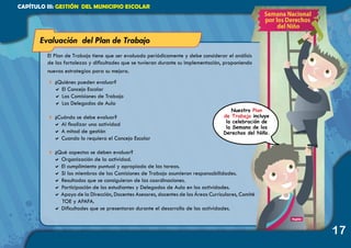 CAPÍTULO III: GESTIÓN DEL MUNICIPIO ESCOLAR
El Plan de Trabajo tiene que ser evaluado periódicamente y debe considerar el análisis
de las fortalezas y dificultades que se tuvieran durante su implementación, proponiendo
nuevas estrategias para su mejora.
4 ¿Quiénes pueden evaluar?
a El Concejo Escolar
a Las Comisiones de Trabajo
a Los Delegados de Aula
4 ¿Cuándo se debe evaluar?
a Al finalizar una actividad
a A mitad de gestión
a Cuando lo requiera el Concejo Escolar
4 ¿Qué aspectos se deben evaluar?
a Organización de la actividad.
a El cumplimiento puntual y apropiado de las tareas.
a Si los miembros de las Comisiones de Trabajo asumieron responsabilidades.
a Resultados que se consiguieron de las coordinaciones.
a Participación de los estudiantes y Delegados de Aula en las actividades.
a Apoyo de la Dirección, Docentes Asesores, docentes de las Áreas Curriculares, Comité
TOE y APAFA.
a Dificultades que se presentaron durante el desarrollo de las actividades.
Evaluación del Plan de Trabajo
17
Nuestro Plan
de Trabajo incluye
la celebración de
la Semana de los
Derechos del Niño.
 