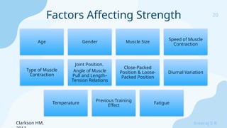 Sreeraj S R
Factors Affecting Strength 20
Age Gender Muscle Size
Speed of Muscle
Contraction
Type of Muscle
Contraction
Joint Position.
Angle of Muscle
Pull and Length–
Tension Relations
Close-Packed
Position & Loose-
Packed Position
Diurnal Variation
Temperature
Previous Training
Effect
Fatigue
Clarkson HM,
 