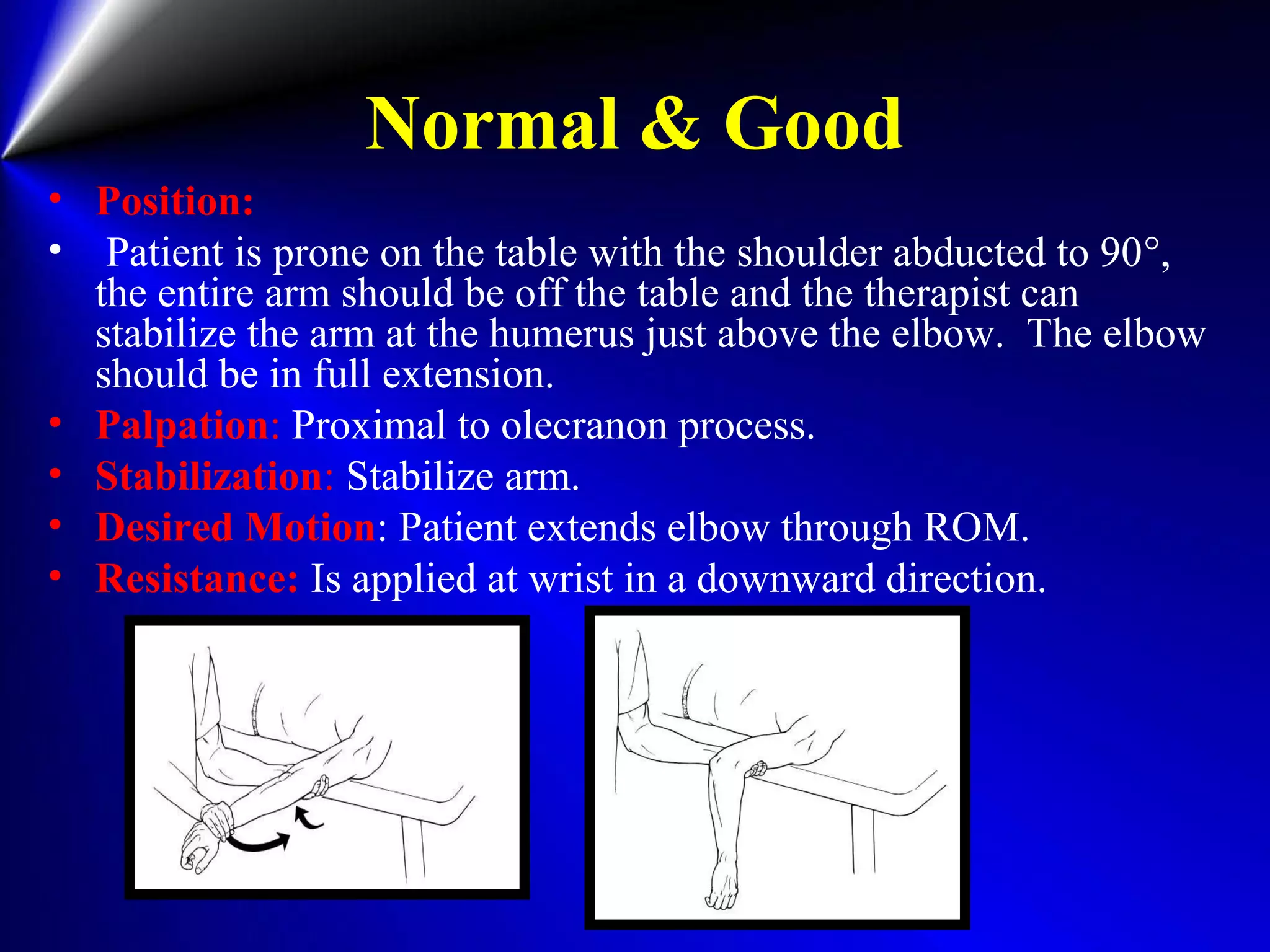 Normal & Good
• Position:
• Patient is prone on the table with the shoulder abducted to 90°,
the entire arm should be off the table and the therapist can
stabilize the arm at the humerus just above the elbow. The elbow
should be in full extension.
• Palpation: Proximal to olecranon process.
• Stabilization: Stabilize arm.
• Desired Motion: Patient extends elbow through ROM.
• Resistance: Is applied at wrist in a downward direction.
 