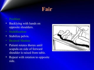 Fair
• Position:
• Backlying with hands on
opposite shoulders.
• Stabilization:
• Stabilize pelvis.
• Desired Motion:
• Patient rotates thorax until
scapula on side of forward
shoulder is raised from table.
• Repeat with rotation to opposite
side.
 