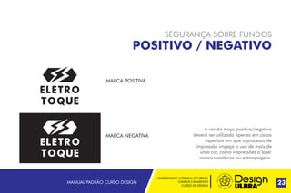 UNIVERSIDADE LUTERANA DO BRASIL
CAMPUS CARAZINHO
CURSO DE DESIGN
MANUAL PADRÃO CURSO DESIGN 23
SEGURANÇA SOBRE FUNDOS
POSITIVO / NEGATIVO
A versão traço positivo/negativo
deverá ser utilizada apenas em casos
especiais em que o processo de
impressão impeça o uso de mais de
uma cor, como impressões a laser
monocromáticas ou estampagens.
MARCA POSITIVA
MARCA NEGATIVA
 