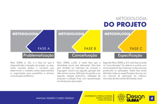 UNIVERSIDADE LUTERANA DO BRASIL
CAMPUS CARAZINHO
CURSO DE DESIGN
MANUAL PADRÃO CURSO DESIGN 4
METODOLOGIA
DO PROJETO
Problematização
METODOLOGIA
FASE A
METODOLOGIA
FASE B
Conceituação
METODOLOGIA
FASE C
Especificação
Peón (2000, p. 53), é a fase em que é
diagnosticada a situação do projeto, ou seja,
todos aqueles dados e variáveis que
determinam o trabalho serão desenvolvidos
e, organizados para possibilitar e otimizar
uma solução satisfatória.
Peón (2000, p.53), é nesta fase que a
identidade visual será delineada. Esta fase
será dividida em definição do conceito e
linguagem visual a ser seguida, geração das
alternativas visuais, definição do partido a ser
seguido, solução preliminar, validação da
proposta e solução final, com apresentação
ao cliente para aprovação.
Segundo Peón (2000, p.57), esta fase consiste
na “concretização” do sistema e contato com
os fornecedores dos materiais, os técnicos que
produzirão as aplicações. Nesta fase serão
definidas todas as especificações técnicas em
um manual de aplicação do sistema,
chamado de Manual de identidade visual.
 