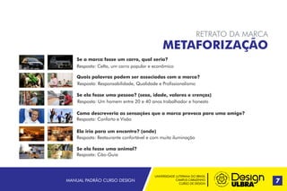 UNIVERSIDADE LUTERANA DO BRASIL
CAMPUS CARAZINHO
CURSO DE DESIGN
MANUAL PADRÃO CURSO DESIGN 7
RETRATO DA MARCA
METAFORIZAÇÃO
Se a marca fosse um carro, qual seria?
Quais palavras podem ser associadas com a marca?
Se ela fosse uma pessoa? (sexo, idade, valores e crenças)
Resposta: Responsabilidade, Qualidade e Profissionalismo
Como descreveria as sensações que a marca provoca para uma amigo?
Resposta: Conforto e Visão
Ela iria para um encontro? (onde)
Se ela fosse uma animal?
Resposta: Cão-Guia
Resposta: Celta, um carro popular e econômico
Resposta: Um homem entre 20 e 40 anos trabalhador e honesto
Resposta: Restaurante confortável e com muita iluminação
 