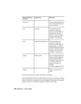 Descrição
Argumento
Chave da linha de
comando
Executa o Autodesk Navisworks
com verificações adicionais de
erros de memória.
-memcheck
O Autodesk Navisworks
converte um arquivo de
[inputfile]
-nwc
entrada no formato NWC em
segundo plano. É preciso
fornecer o caminho completo
do arquivo entre aspas. Por
exemplo, “C:tempa.dwg"
O Autodesk Navisworks
converte um arquivo de
[outputfile.nwd] [input file]
-nwd
entrada no formato NWD em
segundo plano e o coloca no
diretório especificado. É preciso
fornecer o caminho completo
do arquivo entre aspas. Por
exemplo, “C:tempb.dwg"
Inicia o Autodesk Navisworks e
importa as opções globais do
[filename.xml]
-options
arquivo de opções globais
especificado. É preciso fornecer
o caminho completo do
arquivo entre aspas. Por
exemplo,
"C:tempmy_global_options.xml"
Registra o roamer.exe com
COM.
-regserver
A sintaxe para utilizar as chaves da linha de comando é:
“drive:pathnameroamer.exe” [switches] [“file1”] [“file2”] [“fileN”],
onde [switches] são as chaves válidas de linha de comando em qualquer ordem,
e [file1]...[fileN] são os arquivos a serem carregados e anexados, se necessário.
É preciso fornecer o caminho completo do arquivo entre aspas.
98 | Capítulo 3 Início rápido
 