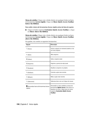 Menu de atalho: Clique com o botão direito em qualquer botão na barra
de ferramentas Acesso rápido. Clique em Show Quick Access Toolbar
below the Ribbon.
Para exibir a barra de ferramentas Acesso rápido acima da faixa de opções
■ Clique no botão suspenso Customize Quick Access Toolbar, e clique
em Show Above the Ribbon.
Menu de atalho: Clique com o botão direito em qualquer botão na barra
de ferramentas Acesso rápido. Clique em Show Quick Access Toolbar
above the Ribbon.
Por padrão, ela contém as seguintes ferramentas:
Descrição
Opção
Fecha o arquivo no momento aberto e cria
um novo arquivo.
(Novo)
Abre arquivos.
(Abrir)
Salva o arquivo atual.
(Salvar)
Imprime o ponto de visão atual.
(Imprimir)
Atualiza os arquivos no projeto.
(Atualizar)
Cancela a ação mais recente
(Desfazer)
Refaz a ação mais recente
(Refazer)
Seleciona itens com um clique do mouse.
(Selecionar)
Personalize os itens exibidos na barra de
ferramentas Quick Access. Para ativar ou
(Personalizar barra de ferramentas Acesso
rápido)
desativar um item, clique junto ao menu
suspenso Customize Quick Access
Toolbar.
106 | Capítulo 3 Início rápido
 