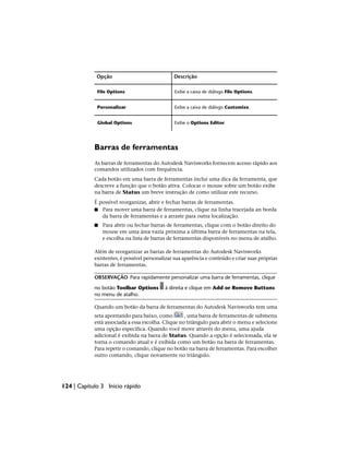 Descrição
Opção
Exibe a caixa de diálogo File Options.
File Options
Exibe a caixa de diálogo Customize.
Personalizar
Exibe o Options Editor.
Global Options
Barras de ferramentas
As barras de ferramentas do Autodesk Navisworks fornecem acesso rápido aos
comandos utilizados com frequência.
Cada botão em uma barra de ferramentas inclui uma dica da ferramenta, que
descreve a função que o botão ativa. Colocar o mouse sobre um botão exibe
na barra de Status um breve instrução de como utilizar este recurso.
É possível reorganizar, abrir e fechar barras de ferramentas.
■ Para mover uma barra de ferramentas, clique na linha tracejada an borda
da barra de ferramentas e a arraste para outra localização.
■ Para abrir ou fechar barras de ferramentas, clique com o botão direito do
mouse em uma área vazia próxima a última barra de ferramentas na tela,
e escolha na lista de barras de ferramentas disponíveis no menu de atalho.
Além de reorganizar as barras de ferramentas do Autodesk Navisworks
existentes, é possível personalizar sua aparência e conteúdo e criar suas próprias
barras de ferramentas.
OBSERVAÇÃO Para rapidamente personalizar uma barra de ferramentas, clique
no botão Toolbar Options à direita e clique em Add or Remove Buttons
no menu de atalho.
Quando um botão da barra de ferramentas do Autodesk Navisworks tem uma
seta apontando para baixo, como , uma barra de ferramentas de submenu
está associada a essa escolha. Clique no triângulo para abrir o menu e selecione
uma opção específica. Quando você move através do menu, uma ajuda
adicional é exibida na barra de Status. Quando a opção é selecionada, ela se
torna o comando atual e é exibida como um botão na barra de ferramentas.
Para repetir o comando, clique no botão na barra de ferramentas. Para escolher
outro comando, clique novamente no triângulo.
124 | Capítulo 3 Início rápido
 