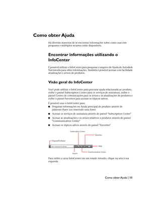 Como obter Ajuda
Há diversas maneiras de se encontrar informações sobre como usar este
programa e múltiplos recursos estão disponíveis.
Encontrar informações utilizando o
InfoCenter
É possível utilizar o InfoCenter para pesquisar o arquivo de Ajuda do Autodesk
Navisworks para obter informações. Também é possível acessar com facilidade
atualizações e avisos de produtos.
Visão geral do InfoCenter
Você pode utilizar o InfoCenter para procurar ajuda relacionada ao produto,
exibir o painel Subscription Center para os serviços de assinatura, exibir o
painel Centro de comunicações para os avisos e as atualizações de produtos e
exibir o painel Favoritos para acessar os tópicos salvos.
É possível usar o InfoCenter para:
■ Pesquisar informações na Ajuda principal do produto através de
palavras-chave (ou inserindo uma frase)
■ Acessar os serviços de assinatura através do painel "Subscription Center"
■ Acessar as atualizações e os avisos relativos a produtos através do painel
"Communication Center"
■ Acessar os tópicos salvos através do painel "Favorites"
Para exibir a caixa InfoCenter em um estado retraído, clique na seta à sua
esquerda.
Como obter Ajuda | 11
 