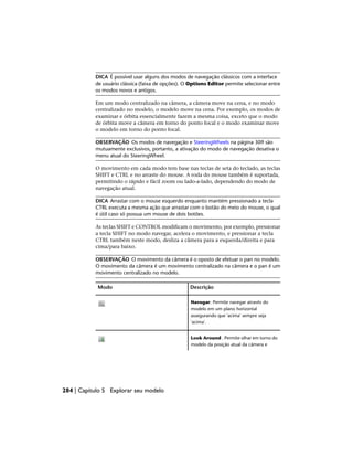 DICA É possível usar alguns dos modos de navegação clássicos com a interface
de usuário clássica (faixa de opções). O Options Editor permite selecionar entre
os modos novos e antigos.
Em um modo centralizado na câmera, a câmera move na cena, e no modo
centralizado no modelo, o modelo move na cena. Por exemplo, os modos de
examinar e órbita essencialmente fazem a mesma coisa, exceto que o modo
de órbita move a câmera em torno do ponto focal e o modo examinar move
o modelo em torno do ponto focal.
OBSERVAÇÃO Os modos de navegação e SteeringWheels na página 309 são
mutuamente exclusivos, portanto, a ativação do modo de navegação desativa o
menu atual do SteeringWheel.
O movimento em cada modo tem base nas teclas de seta do teclado, as teclas
SHIFT e CTRL e no arraste do mouse. A roda do mouse também é suportada,
permitindo o rápido e fácil zoom ou lado-a-lado, dependendo do modo de
navegação atual.
DICA Arrastar com o mouse esquerdo enquanto mantém pressionado a tecla
CTRL executa a mesma ação que arrastar com o botão do meio do mouse, o qual
é útil caso só possua um mouse de dois botões.
As teclas SHIFT e CONTROL modificam o movimento, por exemplo, pressionar
a tecla SHIFT no modo navegar, acelera o movimento, e pressionar a tecla
CTRL também neste modo, desliza a câmera para a esquerda/direita e para
cima/para baixo.
OBSERVAÇÃO O movimento da câmera é o oposto de efetuar o pan no modelo.
O movimento da câmera é um movimento centralizado na câmera e o pan é um
movimento centralizado no modelo.
Descrição
Modo
Navegar. Permite navegar através do
modelo em um plano horizontal
assegurando que 'acima' sempre seja
'acima'.
Look Around . Permite olhar em torno do
modelo da posição atual da câmera e
284 | Capítulo 5 Explorar seu modelo
 