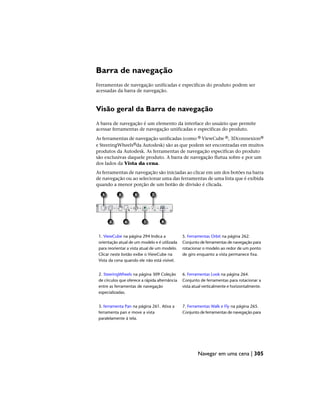 Barra de navegação
Ferramentas de navegação unificadas e especificas do produto podem ser
acessadas da barra de navegação.
Visão geral da Barra de navegação
A barra de navegação é um elemento da interface do usuário que permite
acessar ferramentas de navegação unificadas e especificas do produto.
As ferramentas de navegação unificadas (como ® ViewCube ®, 3Dconnexion®
e SteeringWheels®da Autodesk) são as que podem ser encontradas em muitos
produtos da Autodesk. As ferramentas de navegação especificas do produto
são exclusivas daquele produto. A barra de navegação flutua sobre e por um
dos lados da Vista da cena.
As ferramentas de navegação são iniciadas ao clicar em um dos botões na barra
de navegação ou ao selecionar uma das ferramentas de uma lista que é exibida
quando a menor porção de um botão de divisão é clicada.
5. Ferramentas Orbit na página 262.
Conjunto de ferramentas de navegação para
1. ViewCube na página 294 Indica a
orientação atual de um modelo e é utilizada
rotacionar o modelo ao redor de um ponto
de giro enquanto a vista permanece fixa.
para reorientar a vista atual de um modelo.
Clicar neste botão exibe o ViewCube na
Vista da cena quando ele não está visível.
6. Ferramentas Look na página 264.
Conjunto de ferramentas para rotacionar a
vista atual verticalmente e horizontalmente.
2. SteeringWheels na página 309 Coleção
de círculos que oferece a rápida alternância
entre as ferramentas de navegação
especializadas.
7. Ferramentas Walk e Fly na página 265.
Conjunto de ferramentas de navegação para
3. ferramenta Pan na página 261. Ativa a
ferramenta pan e move a vista
paralelamente à tela.
Navegar em uma cena | 305
 