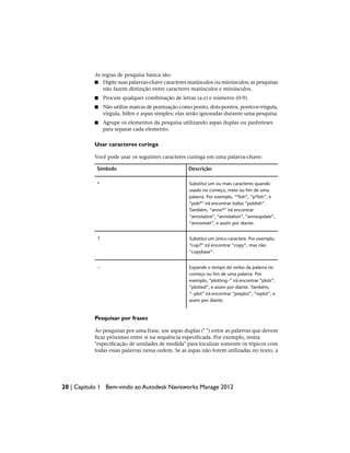 As regras de pesquisa básica são:
■ Digite suas palavras-chave caracteres maiúsculos ou minúsculos; as pesquisas
não fazem distinção entre caracteres maiúsculos e minúsculos.
■ Procure qualquer combinação de letras (a-z) e números (0-9).
■ Não utilize marcas de pontuação como ponto, dois-pontos, ponto-e-vírgula,
vírgula, hífen e aspas simples; elas serão ignoradas durante uma pesquisa.
■ Agrupe os elementos da pesquisa utilizando aspas duplas ou parênteses
para separar cada elemento.
Usar caracteres curinga
Você pode usar os seguintes caracteres curinga em uma palavra-chave:
Descrição
Símbolo
Substitui um ou mais caracteres quando
usado no começo, meio ou fim de uma
*
palavra. Por exemplo, “*lish”, “p*lish”, e
“pub*” irá encontrar todos “publish”.
Também, “anno*” irá encontrar
“annotative”, “annotation”, “annoupdate”,
“annoreset”, e assim por diante.
Substitui um único caractere. Por exemplo,
“cop?” irá encontrar “copy”, mas não
“copybase”.
?
Expande o tempo do verbo da palavra no
começo ou fim de uma palavra. Por
~
exemplo, “plotting~” irá encontrar “plots”,
“plotted”, e assim por diante. Também,
“~plot” irá encontrar “preplot”, “replot”, e
assim por diante.
Pesquisar por frases
Ao pesquisar por uma frase, use aspas duplas (" ") entre as palavras que devem
ficar próximas entre si na sequência especificada. Por exemplo, insira
"especificação de unidades de medida" para localizar somente os tópicos com
todas essas palavras nessa ordem. Se as aspas não forem utilizadas no texto, a
20 | Capítulo 1 Bem-vindo ao Autodesk Navisworks Manage 2012
 