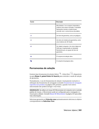 Descrição
Ícone
MicroStation. Se no arquivo importado a
instância não estava nomeada, o Autodesk
Navisworks nomeia a instância para
coincidir com o nome de seu secundário.
Um item de geometria, como um polígono.
Um item em instância da geometria, como
uma instância do 3D Studio.
Um objeto composto. Um único objeto de
CAD que é representado no Autodesk
Navisworks por um grupo de itens de
geometria.
O conjunto de seleção salvo.
O conjunto de pesquisa salvo.
Ferramentas de seleção
Existem duas ferramentas de seleção (Select e Select Box ) disponíveis
na guia Home ➤ painel Select & Search para controlar o modo de seleção
de geometria.
Normalmente, o uso de ferramentas de seleção é mutuamente exclusivo à
utilização das ferramentas de navegação (consulte Ferramentas de navegação
específicas do produto na página 259; portanto, quando você estiver
selecionando não poderá navegar e vice-versa.
OBSERVAÇÃO Ao utilizar um mouse 3D 3Dconnexion em conjunto com o controle
padrão do mouse, o 3Dconnexion pode ser configurado para a navegação e o
mouse para a seleção. Consulte Mouse 3D 3Dconnexion na página 321 para obter
mais informações.
Selecionar geometria na Vista da cena automaticamente seleciona os objetos
correspondentes na Selection Tree.
Selecionar objetos | 365
 