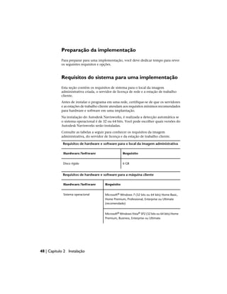 Preparação da implementação
Para preparar para uma implementação, você deve dedicar tempo para rever
os seguintes requisitos e opções.
Requisitos do sistema para uma implementação
Esta seção contém os requisitos de sistema para o local da imagem
administrativa criada, o servidor de licença de rede e a estação de trabalho
cliente.
Antes de instalar o programa em uma rede, certifique-se de que os servidores
e as estações de trabalho cliente atendam aos requisitos mínimos recomendados
para hardware e software em uma implantação.
Na instalação do Autodesk Navisworks, é realizada a detecção automática se
o sistema operacional é de 32 ou 64 bits. Você pode escolher quais versões do
Autodesk Navisworks serão instaladas.
Consulte as tabelas a seguir para conhecer os requisitos da imagem
administrativa, do servidor de licença e da estação de trabalho cliente.
Requisitos de hardware e software para o local da imagem administrativa
Requisito
Hardware/Software
6 GB
Disco rígido
Requisitos de hardware e software para a máquina cliente
Requisito
Hardware/Software
Microsoft® Windows 7 (32 bits ou 64 bits) Home Basic,
Home Premium, Professional, Enterprise ou Ultimate
(recomendado)
Sistema operacional
Microsoft® Windows Vista® SP2 (32 bits ou 64 bits) Home
Premium, Business, Enterprise ou Ultimate
48 | Capítulo 2 Instalação
 