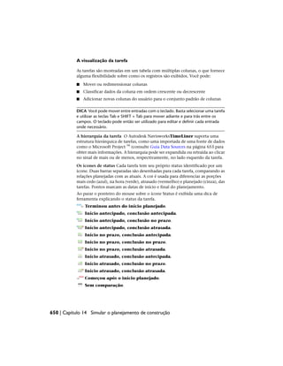 A visualização da tarefa
As tarefas são mostradas em um tabela com múltiplas colunas, o que fornece
alguma flexibilidade sobre como os registros são exibidos. Você pode:
■ Mover ou redimensionar colunas
■ Classificar dados da coluna em ordem crescente ou decrescente
■ Adicionar novas colunas do usuário para o conjunto padrão de colunas
DICA Você pode mover entre entradas com o teclado. Basta selecionar uma tarefa
e utilizar as teclas Tab e SHIFT + Tab para mover adiante e para trás entre os
campos. O teclado pode então ser utilizado para editar e definir cada entrada
onde necessário.
A hierarquia da tarefa O Autodesk NavisworksTimeLiner suporta uma
estrutura hierárquica de tarefas, como uma importada de uma fonte de dados
como o Microsoft Project ™ (consulte Guia Data Sources na página 653 para
obter mais informações. A hierarquia pode ser expandida ou retraída ao clicar
no sinal de mais ou de menos, respectivamente, no lado esquerdo da tarefa.
Os ícones de status Cada tarefa tem seu próprio status identificado por um
ícone. Duas barras separadas são desenhadas para cada tarefa, comparando as
relações planejadas com as atuais. A cor é usada para diferenciar as porções
mais cedo (azul), na hora (verde), atrasado (vermelho) e planejado (cinza), das
tarefas. Pontos marcam as datas de início e final do planejamento.
Ao parar o ponteiro do mouse sobre o ícone Status é exibida uma dica de
ferramenta explicando o status da tarefa.
Terminou antes do início planejado.
Início antecipado, conclusão antecipada.
Início antecipado, conclusão no prazo.
Início antecipado, conclusão atrasada.
Início no prazo, conclusão antecipada.
Início no prazo, conclusão no prazo.
Início no prazo, conclusão atrasada.
Início atrasado, conclusão antecipada.
Início atrasado, conclusão no prazo.
Início atrasado, conclusão atrasada.
Começou após o início planejado.
Sem comparação.
650 | Capítulo 14 Simular o planejamento de construção
 