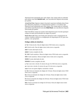 disponível mais apropriada para cada origem. Este campo pode ser utilizado
para definir uma data Inicial real , caso seja diferente daquela selecionada
por padrão.
Actual End Date Algumas origens de projeto suportam múltiplas datas finais
para diferentes propósitos. O comportamento padrão é o de utilizar data
disponível mais apropriada para cada origem. Este campo pode ser utilizado
para definir especificamente uma data Real final, caso seja diferente daquela
selecionada por padrão.
User 1 to 10 Dez campos de usuário estão disponíveis para vincular quaisquer
campos de dados personalizados da origem do projeto.
Botão Reset All Utilize estes botão para desmarcar todo o mapeamento de
coluna e também redefinir as configurações de importação de CSV para seus
padrões, caso apropriado.
Códigos válidos de data/hora
d, %d O dia do mês. Dias de dígito único NÃO terão zeros a esquerda.
dd O dia do mês. Dias de dígito único terão zeros a esquerda.
ddd O nome abreviado do dia.
dddd O nome completo do dia.
M, %M O mês numérico. Meses de dígito único NÃO terão zeros a esquerda.
MM O mês numérico. Meses de dígito único terão zeros a esquerda.
MMM O nome abreviado do mês.
MMMM O nome completo do mês.
a, %a A ano sem o século. Se menor do que 10, NÃO terá zeros a esquerda.
aa A ano sem o século. Se menor do que 10, terá zeros a esquerda.
aaaa O ano em quatro dígitos, incluindo o século.
h, %h A hora no formato de relógio de 12 horas. Horas de dígito único NÃO
terão zeros a esquerda.
hh A hora no formato de relógio de 12 horas. Horas de dígito único terão
zeros a esquerda.
H A hora no formato de relógio de 24 horas. Horas de dígito único NÃO terão
zeros a esquerda.
HH A hora no formato de relógio de 24 horas. Horas de dígito único terão
zeros a esquerda.
Visão geral da ferramenta TimeLiner | 663
 