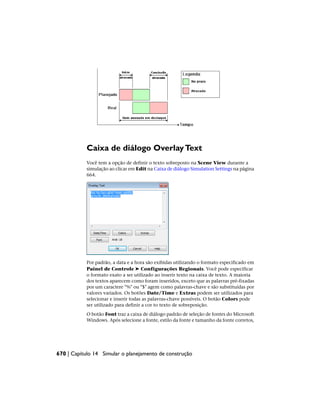 Caixa de diálogo OverlayText
Você tem a opção de definir o texto sobreposto na Scene View durante a
simulação ao clicar em Edit na Caixa de diálogo Simulation Settings na página
664.
Por padrão, a data e a hora são exibidas utilizando o formato especificado em
Painel de Controle ➤ Configurações Regionais. Você pode especificar
o formato exato a ser utilizado ao inserir texto na caixa de texto. A maioria
dos textos aparecem como foram inseridos, exceto que as palavras pré-fixadas
por um caractere "%" ou "$" agem como palavras-chave e são substituídas por
valores variados. Os botões Date/Time e Extras podem ser utilizados para
selecionar e inserir todas as palavras-chave possíveis. O botão Colors pode
ser utilizado para definir a cor to texto de sobreposição.
O botão Font traz a caixa de diálogo padrão de seleção de fontes do Microsoft
Windows. Após selecione a fonte, estilo da fonte e tamanho da fonte corretos,
670 | Capítulo 14 Simular o planejamento de construção
 