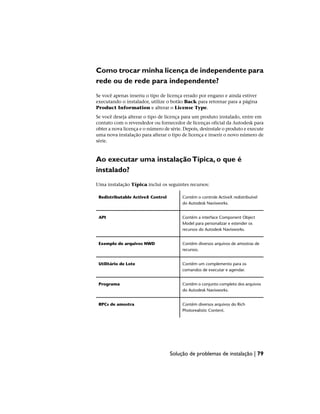 Como trocar minha licença de independente para
rede ou de rede para independente?
Se você apenas inseriu o tipo de licença errado por engano e ainda estiver
executando o instalador, utilize o botão Back para retornar para a página
Product Information e alterar o License Type.
Se você deseja alterar o tipo de licença para um produto instalado, entre em
contato com o revendedor ou fornecedor de licenças oficial da Autodesk para
obter a nova licença e o número de série. Depois, desinstale o produto e execute
uma nova instalação para alterar o tipo de licença e inserir o novo número de
série.
Ao executar uma instalaçãoTípica, o que é
instalado?
Uma instalação Típica inclui os seguintes recursos:
Contém o controle ActiveX redistribuível
do Autodesk Navisworks.
Redistributable ActiveX Control
Contém a interface Component Object
Model para personalizar e estender os
recursos do Autodesk Navisworks.
API
Contém diversos arquivos de amostras de
recursos.
Exemplo de arquivos NWD
Contém um complemento para os
comandos de executar e agendar.
Utilitário de Lote
Contém o conjunto completo dos arquivos
do Autodesk Navisworks.
Programa
Contém diversos arquivos do Rich
Photorealistic Content.
RPCs de amostra
Solução de problemas de instalação | 79
 