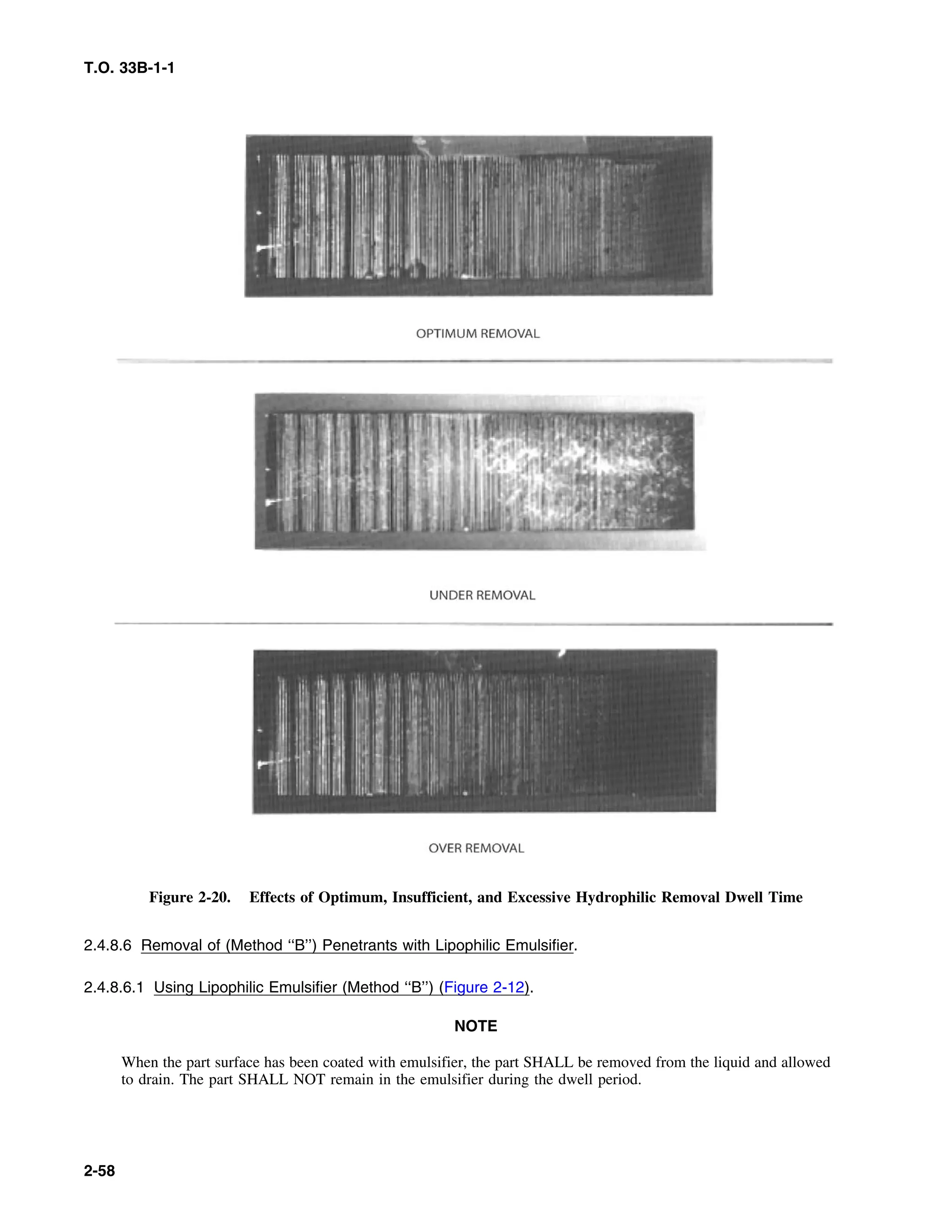 T.O. 33B-1-1
Figure 2-20. Effects of Optimum, Insufficient, and Excessive Hydrophilic Removal Dwell Time
2.4.8.6 Removal of (Method ‘‘B’’) Penetrants with Lipophilic Emulsifier.
2.4.8.6.1 Using Lipophilic Emulsifier (Method ‘‘B’’) (Figure 2-12).
NOTE
When the part surface has been coated with emulsifier, the part SHALL be removed from the liquid and allowed
to drain. The part SHALL NOT remain in the emulsifier during the dwell period.
2-58
 