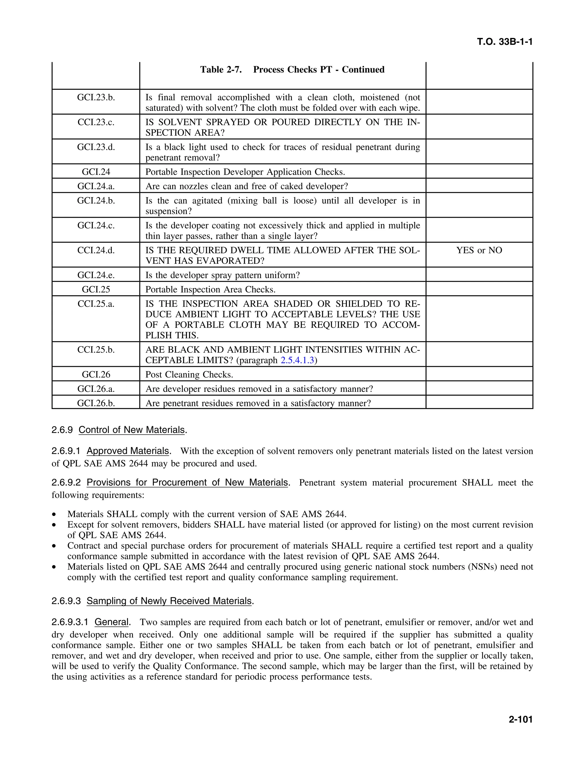 T.O. 33B-1-1
Table 2-7. Process Checks PT - Continued
GCI.23.b. Is final removal accomplished with a clean cloth, moistened (not
saturated) with solvent? The cloth must be folded over with each wipe.
CCI.23.c. IS SOLVENT SPRAYED OR POURED DIRECTLY ON THE IN-
SPECTION AREA?
GCI.23.d. Is a black light used to check for traces of residual penetrant during
penetrant removal?
GCI.24 Portable Inspection Developer Application Checks.
GCI.24.a. Are can nozzles clean and free of caked developer?
GCI.24.b. Is the can agitated (mixing ball is loose) until all developer is in
suspension?
GCI.24.c. Is the developer coating not excessively thick and applied in multiple
thin layer passes, rather than a single layer?
CCI.24.d. IS THE REQUIRED DWELL TIME ALLOWED AFTER THE SOL- YES or NO
VENT HAS EVAPORATED?
GCI.24.e. Is the developer spray pattern uniform?
GCI.25 Portable Inspection Area Checks.
CCI.25.a. IS THE INSPECTION AREA SHADED OR SHIELDED TO RE-
DUCE AMBIENT LIGHT TO ACCEPTABLE LEVELS? THE USE
OF A PORTABLE CLOTH MAY BE REQUIRED TO ACCOM-
PLISH THIS.
CCI.25.b. ARE BLACK AND AMBIENT LIGHT INTENSITIES WITHIN AC-
CEPTABLE LIMITS? (paragraph 2.5.4.1.3)
GCI.26 Post Cleaning Checks.
GCI.26.a. Are developer residues removed in a satisfactory manner?
GCI.26.b. Are penetrant residues removed in a satisfactory manner?
2.6.9 Control of New Materials.
2.6.9.1 Approved Materials. With the exception of solvent removers only penetrant materials listed on the latest version
of QPL SAE AMS 2644 may be procured and used.
2.6.9.2 Provisions for Procurement of New Materials. Penetrant system material procurement SHALL meet the
following requirements:
• Materials SHALL comply with the current version of SAE AMS 2644.
• Except for solvent removers, bidders SHALL have material listed (or approved for listing) on the most current revision
of QPL SAE AMS 2644.
• Contract and special purchase orders for procurement of materials SHALL require a certified test report and a quality
conformance sample submitted in accordance with the latest revision of QPL SAE AMS 2644.
• Materials listed on QPL SAE AMS 2644 and centrally procured using generic national stock numbers (NSNs) need not
comply with the certified test report and quality conformance sampling requirement.
2.6.9.3 Sampling of Newly Received Materials.
2.6.9.3.1 General. Two samples are required from each batch or lot of penetrant, emulsifier or remover, and/or wet and
dry developer when received. Only one additional sample will be required if the supplier has submitted a quality
conformance sample. Either one or two samples SHALL be taken from each batch or lot of penetrant, emulsifier and
remover, and wet and dry developer, when received and prior to use. One sample, either from the supplier or locally taken,
will be used to verify the Quality Conformance. The second sample, which may be larger than the first, will be retained by
the using activities as a reference standard for periodic process performance tests.
2-101
 