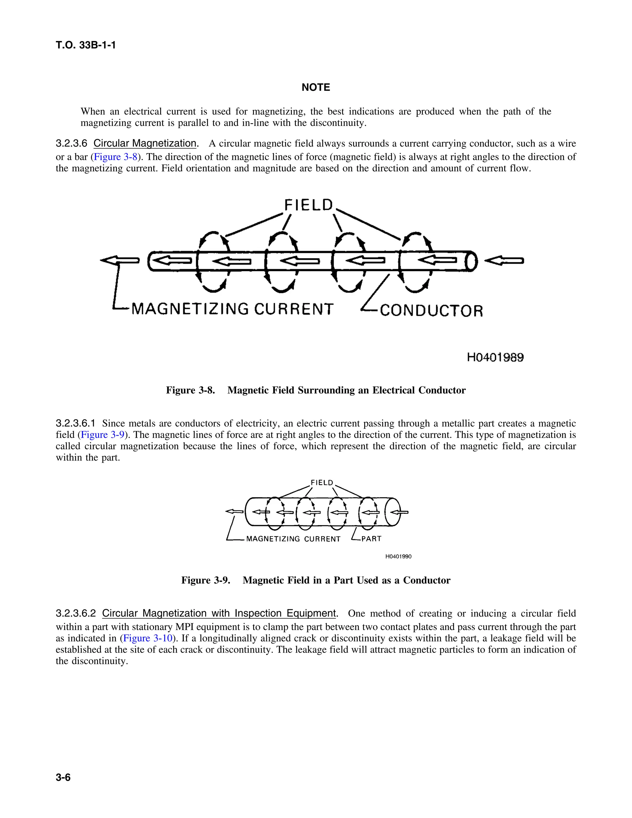 T.O. 33B-1-1
NOTE
When an electrical current is used for magnetizing, the best indications are produced when the path of the
magnetizing current is parallel to and in-line with the discontinuity.
3.2.3.6 Circular Magnetization. A circular magnetic field always surrounds a current carrying conductor, such as a wire
or a bar (Figure 3-8). The direction of the magnetic lines of force (magnetic field) is always at right angles to the direction of
the magnetizing current. Field orientation and magnitude are based on the direction and amount of current flow.
Figure 3-8. Magnetic Field Surrounding an Electrical Conductor
3.2.3.6.1 Since metals are conductors of electricity, an electric current passing through a metallic part creates a magnetic
field (Figure 3-9). The magnetic lines of force are at right angles to the direction of the current. This type of magnetization is
called circular magnetization because the lines of force, which represent the direction of the magnetic field, are circular
within the part.
Figure 3-9. Magnetic Field in a Part Used as a Conductor
3.2.3.6.2 Circular Magnetization with Inspection Equipment. One method of creating or inducing a circular field
within a part with stationary MPI equipment is to clamp the part between two contact plates and pass current through the part
as indicated in (Figure 3-10). If a longitudinally aligned crack or discontinuity exists within the part, a leakage field will be
established at the site of each crack or discontinuity. The leakage field will attract magnetic particles to form an indication of
the discontinuity.
3-6
 