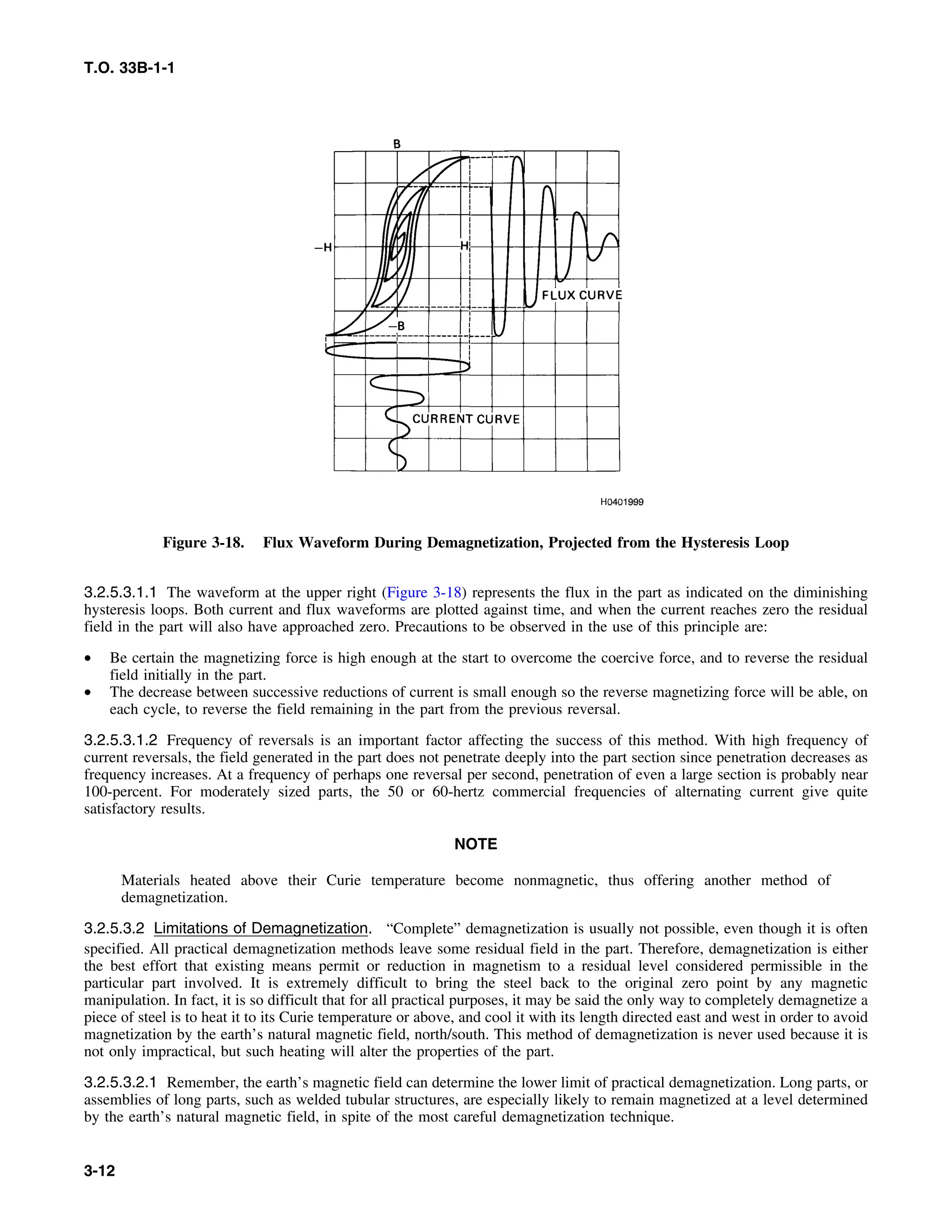T.O. 33B-1-1
Figure 3-18. Flux Waveform During Demagnetization, Projected from the Hysteresis Loop
3.2.5.3.1.1 The waveform at the upper right (Figure 3-18) represents the flux in the part as indicated on the diminishing
hysteresis loops. Both current and flux waveforms are plotted against time, and when the current reaches zero the residual
field in the part will also have approached zero. Precautions to be observed in the use of this principle are:
• Be certain the magnetizing force is high enough at the start to overcome the coercive force, and to reverse the residual
field initially in the part.
• The decrease between successive reductions of current is small enough so the reverse magnetizing force will be able, on
each cycle, to reverse the field remaining in the part from the previous reversal.
3.2.5.3.1.2 Frequency of reversals is an important factor affecting the success of this method. With high frequency of
current reversals, the field generated in the part does not penetrate deeply into the part section since penetration decreases as
frequency increases. At a frequency of perhaps one reversal per second, penetration of even a large section is probably near
100-percent. For moderately sized parts, the 50 or 60-hertz commercial frequencies of alternating current give quite
satisfactory results.
NOTE
Materials heated above their Curie temperature become nonmagnetic, thus offering another method of
demagnetization.
3.2.5.3.2 Limitations of Demagnetization. “Complete” demagnetization is usually not possible, even though it is often
specified. All practical demagnetization methods leave some residual field in the part. Therefore, demagnetization is either
the best effort that existing means permit or reduction in magnetism to a residual level considered permissible in the
particular part involved. It is extremely difficult to bring the steel back to the original zero point by any magnetic
manipulation. In fact, it is so difficult that for all practical purposes, it may be said the only way to completely demagnetize a
piece of steel is to heat it to its Curie temperature or above, and cool it with its length directed east and west in order to avoid
magnetization by the earth’s natural magnetic field, north/south. This method of demagnetization is never used because it is
not only impractical, but such heating will alter the properties of the part.
3.2.5.3.2.1 Remember, the earth’s magnetic field can determine the lower limit of practical demagnetization. Long parts, or
assemblies of long parts, such as welded tubular structures, are especially likely to remain magnetized at a level determined
by the earth’s natural magnetic field, in spite of the most careful demagnetization technique.
3-12
 