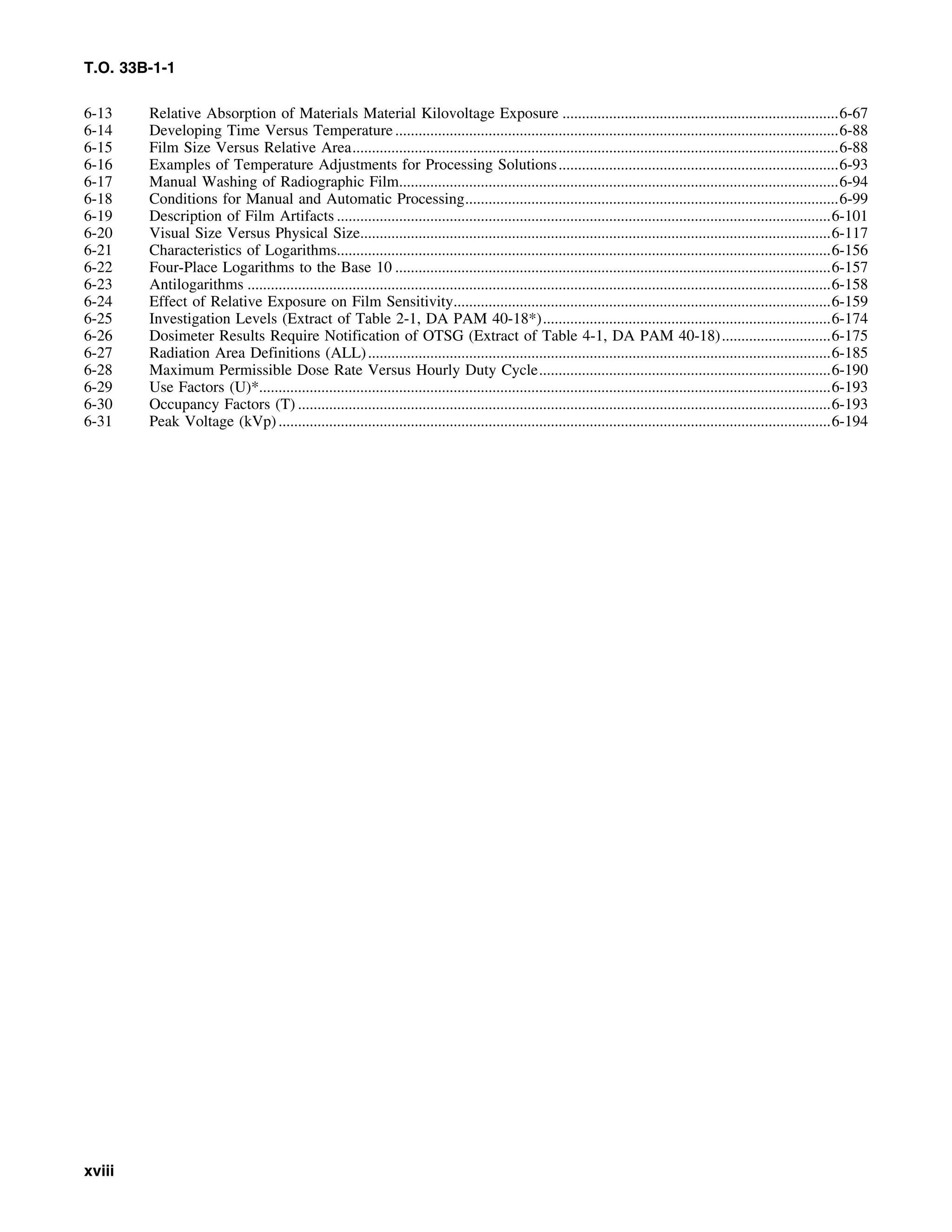 T.O. 33B-1-1
6-13 Relative Absorption of Materials Material Kilovoltage Exposure .......................................................................6-67
6-14 Developing Time Versus Temperature..................................................................................................................6-88
6-15 Film Size Versus Relative Area.............................................................................................................................6-88
6-16 Examples of Temperature Adjustments for Processing Solutions........................................................................6-93
6-17 Manual Washing of Radiographic Film.................................................................................................................6-94
6-18 Conditions for Manual and Automatic Processing................................................................................................6-99
6-19 Description of Film Artifacts ...............................................................................................................................6-101
6-20 Visual Size Versus Physical Size.........................................................................................................................6-117
6-21 Characteristics of Logarithms...............................................................................................................................6-156
6-22 Four-Place Logarithms to the Base 10 ................................................................................................................6-157
6-23 Antilogarithms ......................................................................................................................................................6-158
6-24 Effect of Relative Exposure on Film Sensitivity.................................................................................................6-159
6-25 Investigation Levels (Extract of Table 2-1, DA PAM 40-18*)..........................................................................6-174
6-26 Dosimeter Results Require Notification of OTSG (Extract of Table 4-1, DA PAM 40-18)............................6-175
6-27 Radiation Area Definitions (ALL).......................................................................................................................6-185
6-28 Maximum Permissible Dose Rate Versus Hourly Duty Cycle...........................................................................6-190
6-29 Use Factors (U)*...................................................................................................................................................6-193
6-30 Occupancy Factors (T) .........................................................................................................................................6-193
6-31 Peak Voltage (kVp)..............................................................................................................................................6-194
xviii
 