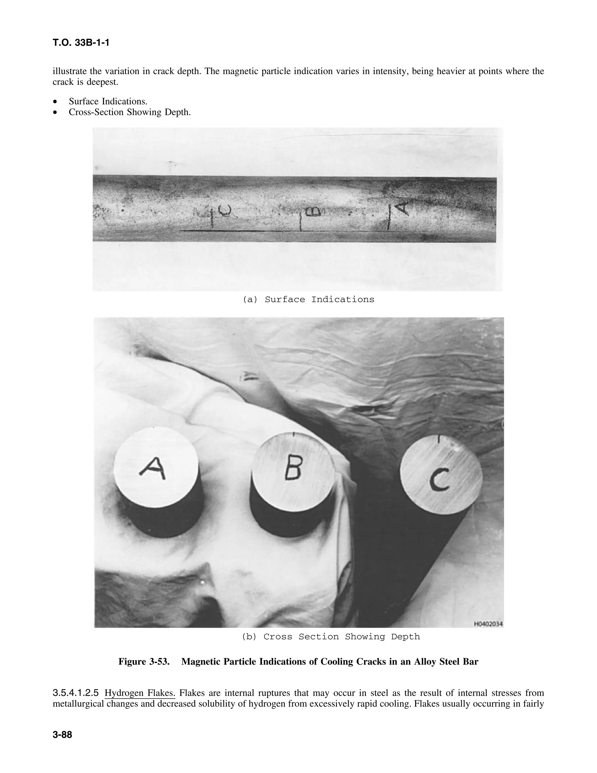 T.O. 33B-1-1
illustrate the variation in crack depth. The magnetic particle indication varies in intensity, being heavier at points where the
crack is deepest.
• Surface Indications.
• Cross-Section Showing Depth.
(a) Surface Indications
(b) Cross Section Showing Depth
Figure 3-53. Magnetic Particle Indications of Cooling Cracks in an Alloy Steel Bar
3.5.4.1.2.5 Hydrogen Flakes. Flakes are internal ruptures that may occur in steel as the result of internal stresses from
metallurgical changes and decreased solubility of hydrogen from excessively rapid cooling. Flakes usually occurring in fairly
3-88
 