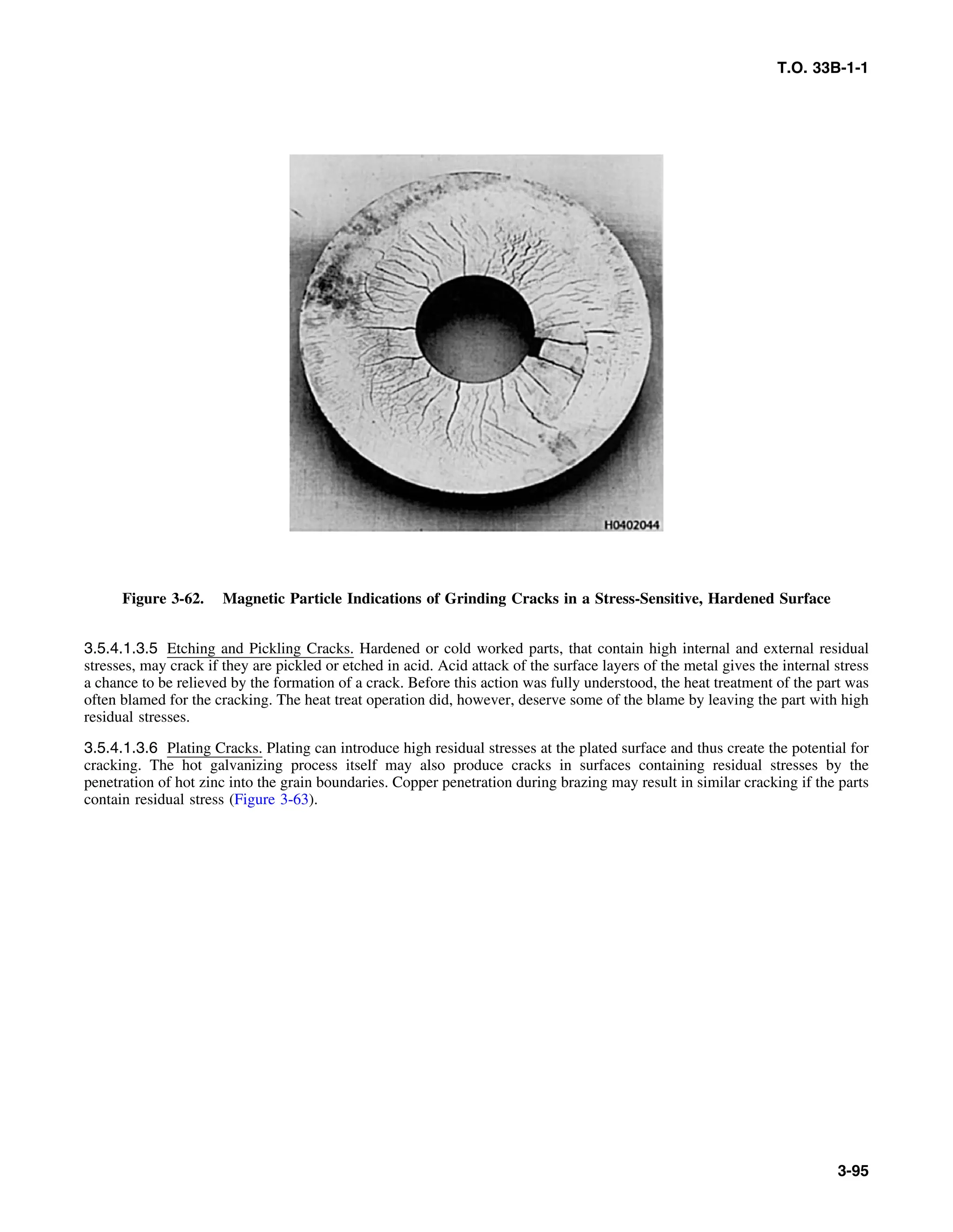 T.O. 33B-1-1
Figure 3-62. Magnetic Particle Indications of Grinding Cracks in a Stress-Sensitive, Hardened Surface
3.5.4.1.3.5 Etching and Pickling Cracks. Hardened or cold worked parts, that contain high internal and external residual
stresses, may crack if they are pickled or etched in acid. Acid attack of the surface layers of the metal gives the internal stress
a chance to be relieved by the formation of a crack. Before this action was fully understood, the heat treatment of the part was
often blamed for the cracking. The heat treat operation did, however, deserve some of the blame by leaving the part with high
residual stresses.
3.5.4.1.3.6 Plating Cracks. Plating can introduce high residual stresses at the plated surface and thus create the potential for
cracking. The hot galvanizing process itself may also produce cracks in surfaces containing residual stresses by the
penetration of hot zinc into the grain boundaries. Copper penetration during brazing may result in similar cracking if the parts
contain residual stress (Figure 3-63).
3-95
 