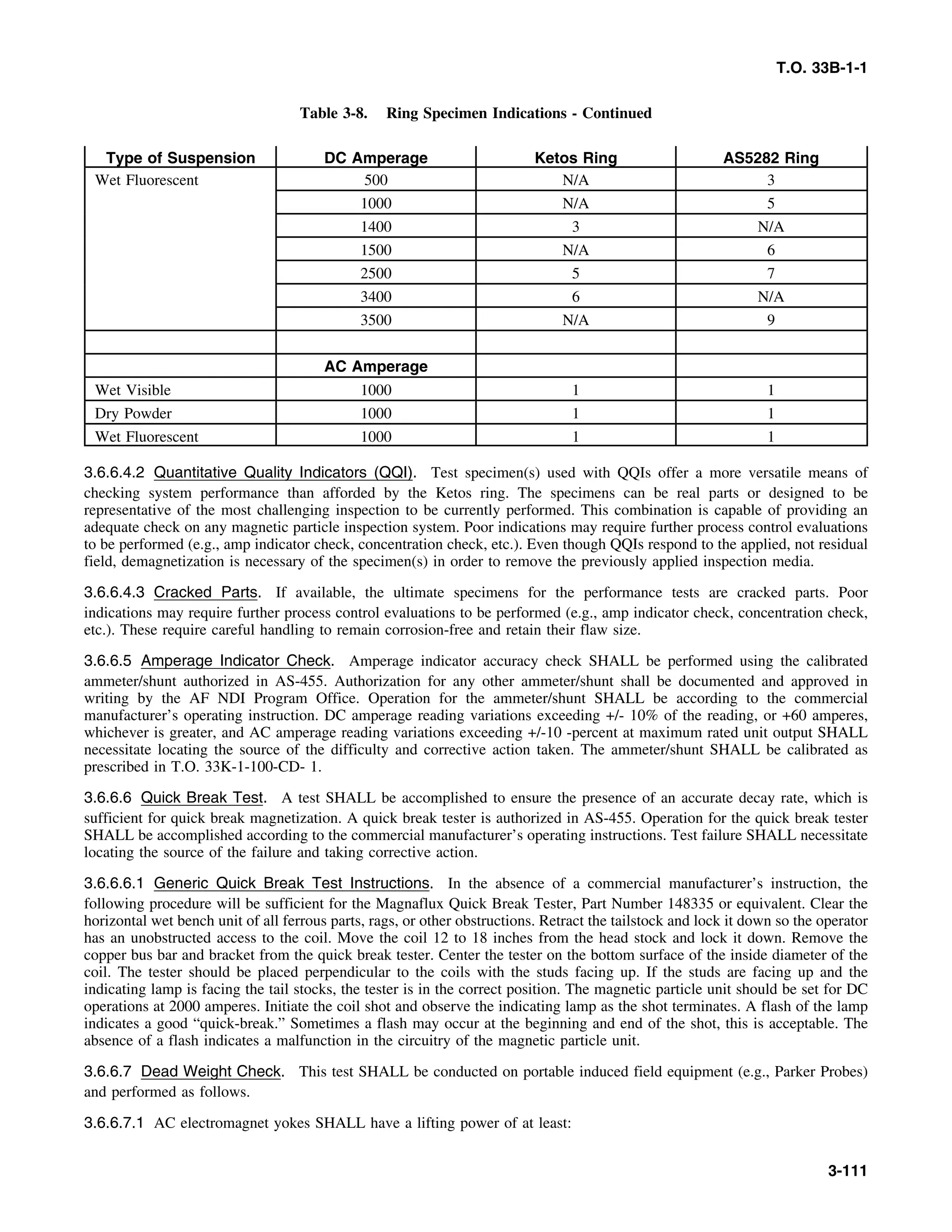 T.O. 33B-1-1
Table 3-8. Ring Specimen Indications - Continued
Type of Suspension DC Amperage Ketos Ring AS5282 Ring
Wet Fluorescent 500 N/A 3
1000 N/A 5
1400 3 N/A
1500 N/A 6
2500 5 7
3400 6 N/A
3500 N/A 9
AC Amperage
Wet Visible 1000 1 1
Dry Powder 1000 1 1
Wet Fluorescent 1000 1 1
3.6.6.4.2 Quantitative Quality Indicators (QQI). Test specimen(s) used with QQIs offer a more versatile means of
checking system performance than afforded by the Ketos ring. The specimens can be real parts or designed to be
representative of the most challenging inspection to be currently performed. This combination is capable of providing an
adequate check on any magnetic particle inspection system. Poor indications may require further process control evaluations
to be performed (e.g., amp indicator check, concentration check, etc.). Even though QQIs respond to the applied, not residual
field, demagnetization is necessary of the specimen(s) in order to remove the previously applied inspection media.
3.6.6.4.3 Cracked Parts. If available, the ultimate specimens for the performance tests are cracked parts. Poor
indications may require further process control evaluations to be performed (e.g., amp indicator check, concentration check,
etc.). These require careful handling to remain corrosion-free and retain their flaw size.
3.6.6.5 Amperage Indicator Check. Amperage indicator accuracy check SHALL be performed using the calibrated
ammeter/shunt authorized in AS-455. Authorization for any other ammeter/shunt shall be documented and approved in
writing by the AF NDI Program Office. Operation for the ammeter/shunt SHALL be according to the commercial
manufacturer’s operating instruction. DC amperage reading variations exceeding +/- 10% of the reading, or +60 amperes,
whichever is greater, and AC amperage reading variations exceeding +/-10 -percent at maximum rated unit output SHALL
necessitate locating the source of the difficulty and corrective action taken. The ammeter/shunt SHALL be calibrated as
prescribed in T.O. 33K-1-100-CD- 1.
3.6.6.6 Quick Break Test. A test SHALL be accomplished to ensure the presence of an accurate decay rate, which is
sufficient for quick break magnetization. A quick break tester is authorized in AS-455. Operation for the quick break tester
SHALL be accomplished according to the commercial manufacturer’s operating instructions. Test failure SHALL necessitate
locating the source of the failure and taking corrective action.
3.6.6.6.1 Generic Quick Break Test Instructions. In the absence of a commercial manufacturer’s instruction, the
following procedure will be sufficient for the Magnaflux Quick Break Tester, Part Number 148335 or equivalent. Clear the
horizontal wet bench unit of all ferrous parts, rags, or other obstructions. Retract the tailstock and lock it down so the operator
has an unobstructed access to the coil. Move the coil 12 to 18 inches from the head stock and lock it down. Remove the
copper bus bar and bracket from the quick break tester. Center the tester on the bottom surface of the inside diameter of the
coil. The tester should be placed perpendicular to the coils with the studs facing up. If the studs are facing up and the
indicating lamp is facing the tail stocks, the tester is in the correct position. The magnetic particle unit should be set for DC
operations at 2000 amperes. Initiate the coil shot and observe the indicating lamp as the shot terminates. A flash of the lamp
indicates a good “quick-break.” Sometimes a flash may occur at the beginning and end of the shot, this is acceptable. The
absence of a flash indicates a malfunction in the circuitry of the magnetic particle unit.
3.6.6.7 Dead Weight Check. This test SHALL be conducted on portable induced field equipment (e.g., Parker Probes)
and performed as follows.
3.6.6.7.1 AC electromagnet yokes SHALL have a lifting power of at least:
3-111
 