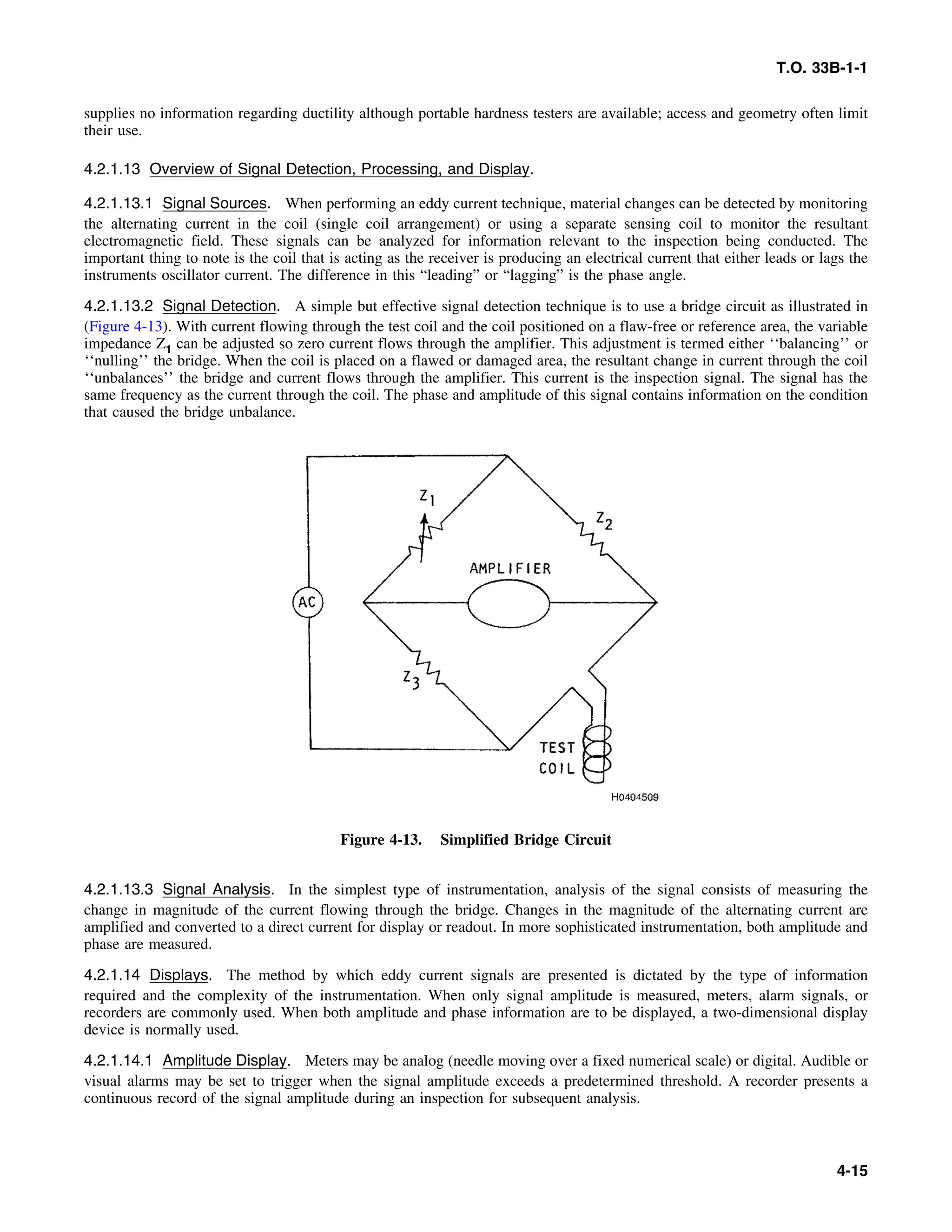 T.O. 33B-1-1
supplies no information regarding ductility although portable hardness testers are available; access and geometry often limit
their use.
4.2.1.13 Overview of Signal Detection, Processing, and Display.
4.2.1.13.1 Signal Sources. When performing an eddy current technique, material changes can be detected by monitoring
the alternating current in the coil (single coil arrangement) or using a separate sensing coil to monitor the resultant
electromagnetic field. These signals can be analyzed for information relevant to the inspection being conducted. The
important thing to note is the coil that is acting as the receiver is producing an electrical current that either leads or lags the
instruments oscillator current. The difference in this “leading” or “lagging” is the phase angle.
4.2.1.13.2 Signal Detection. A simple but effective signal detection technique is to use a bridge circuit as illustrated in
(Figure 4-13). With current flowing through the test coil and the coil positioned on a flaw-free or reference area, the variable
impedance Z1 can be adjusted so zero current flows through the amplifier. This adjustment is termed either ‘‘balancing’’ or
‘‘nulling’’ the bridge. When the coil is placed on a flawed or damaged area, the resultant change in current through the coil
‘‘unbalances’’ the bridge and current flows through the amplifier. This current is the inspection signal. The signal has the
same frequency as the current through the coil. The phase and amplitude of this signal contains information on the condition
that caused the bridge unbalance.
Figure 4-13. Simplified Bridge Circuit
4.2.1.13.3 Signal Analysis. In the simplest type of instrumentation, analysis of the signal consists of measuring the
change in magnitude of the current flowing through the bridge. Changes in the magnitude of the alternating current are
amplified and converted to a direct current for display or readout. In more sophisticated instrumentation, both amplitude and
phase are measured.
4.2.1.14 Displays. The method by which eddy current signals are presented is dictated by the type of information
required and the complexity of the instrumentation. When only signal amplitude is measured, meters, alarm signals, or
recorders are commonly used. When both amplitude and phase information are to be displayed, a two-dimensional display
device is normally used.
4.2.1.14.1 Amplitude Display. Meters may be analog (needle moving over a fixed numerical scale) or digital. Audible or
visual alarms may be set to trigger when the signal amplitude exceeds a predetermined threshold. A recorder presents a
continuous record of the signal amplitude during an inspection for subsequent analysis.
4-15
 