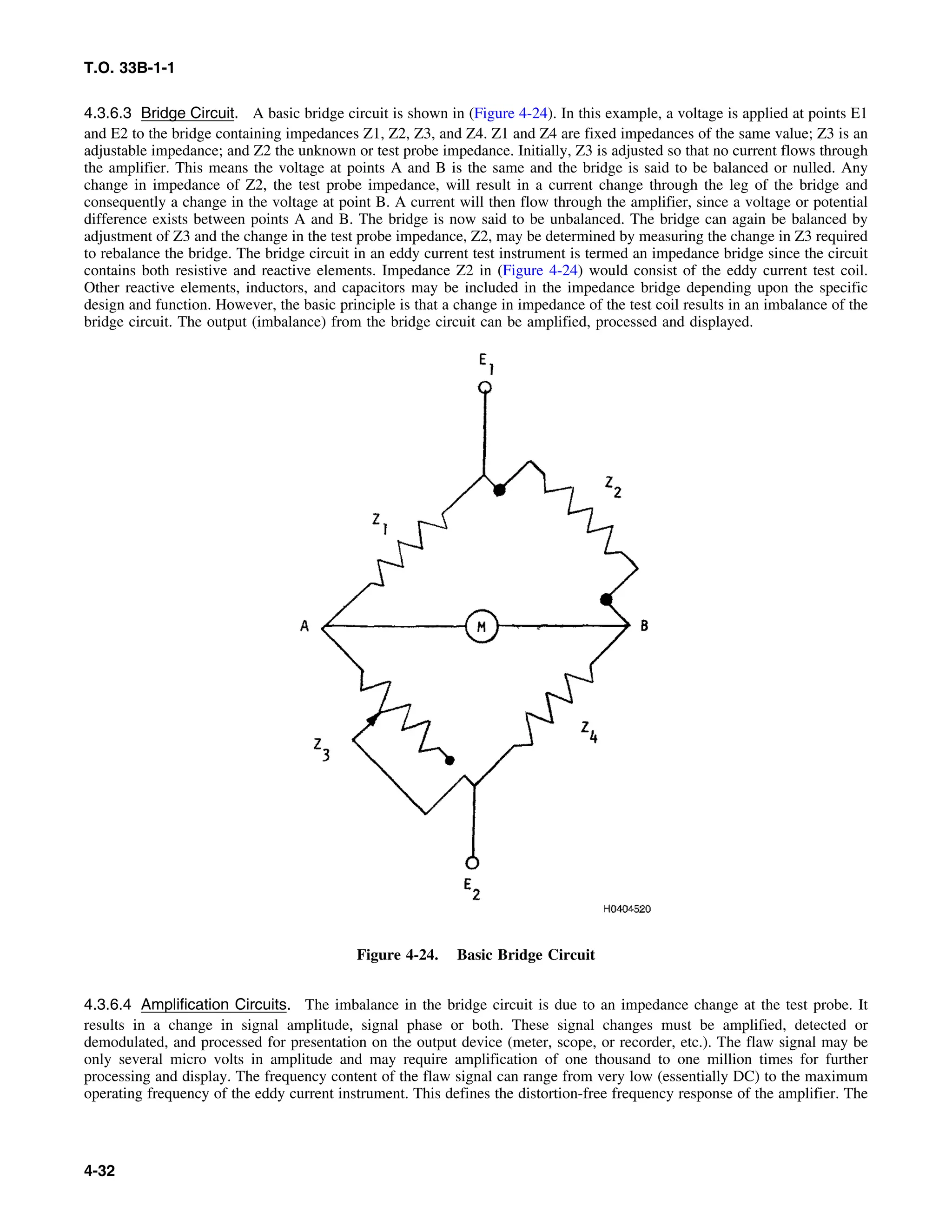 T.O. 33B-1-1
4.3.6.3 Bridge Circuit. A basic bridge circuit is shown in (Figure 4-24). In this example, a voltage is applied at points E1
and E2 to the bridge containing impedances Z1, Z2, Z3, and Z4. Z1 and Z4 are fixed impedances of the same value; Z3 is an
adjustable impedance; and Z2 the unknown or test probe impedance. Initially, Z3 is adjusted so that no current flows through
the amplifier. This means the voltage at points A and B is the same and the bridge is said to be balanced or nulled. Any
change in impedance of Z2, the test probe impedance, will result in a current change through the leg of the bridge and
consequently a change in the voltage at point B. A current will then flow through the amplifier, since a voltage or potential
difference exists between points A and B. The bridge is now said to be unbalanced. The bridge can again be balanced by
adjustment of Z3 and the change in the test probe impedance, Z2, may be determined by measuring the change in Z3 required
to rebalance the bridge. The bridge circuit in an eddy current test instrument is termed an impedance bridge since the circuit
contains both resistive and reactive elements. Impedance Z2 in (Figure 4-24) would consist of the eddy current test coil.
Other reactive elements, inductors, and capacitors may be included in the impedance bridge depending upon the specific
design and function. However, the basic principle is that a change in impedance of the test coil results in an imbalance of the
bridge circuit. The output (imbalance) from the bridge circuit can be amplified, processed and displayed.
Figure 4-24. Basic Bridge Circuit
4.3.6.4 Amplification Circuits. The imbalance in the bridge circuit is due to an impedance change at the test probe. It
results in a change in signal amplitude, signal phase or both. These signal changes must be amplified, detected or
demodulated, and processed for presentation on the output device (meter, scope, or recorder, etc.). The flaw signal may be
only several micro volts in amplitude and may require amplification of one thousand to one million times for further
processing and display. The frequency content of the flaw signal can range from very low (essentially DC) to the maximum
operating frequency of the eddy current instrument. This defines the distortion-free frequency response of the amplifier. The
4-32
 