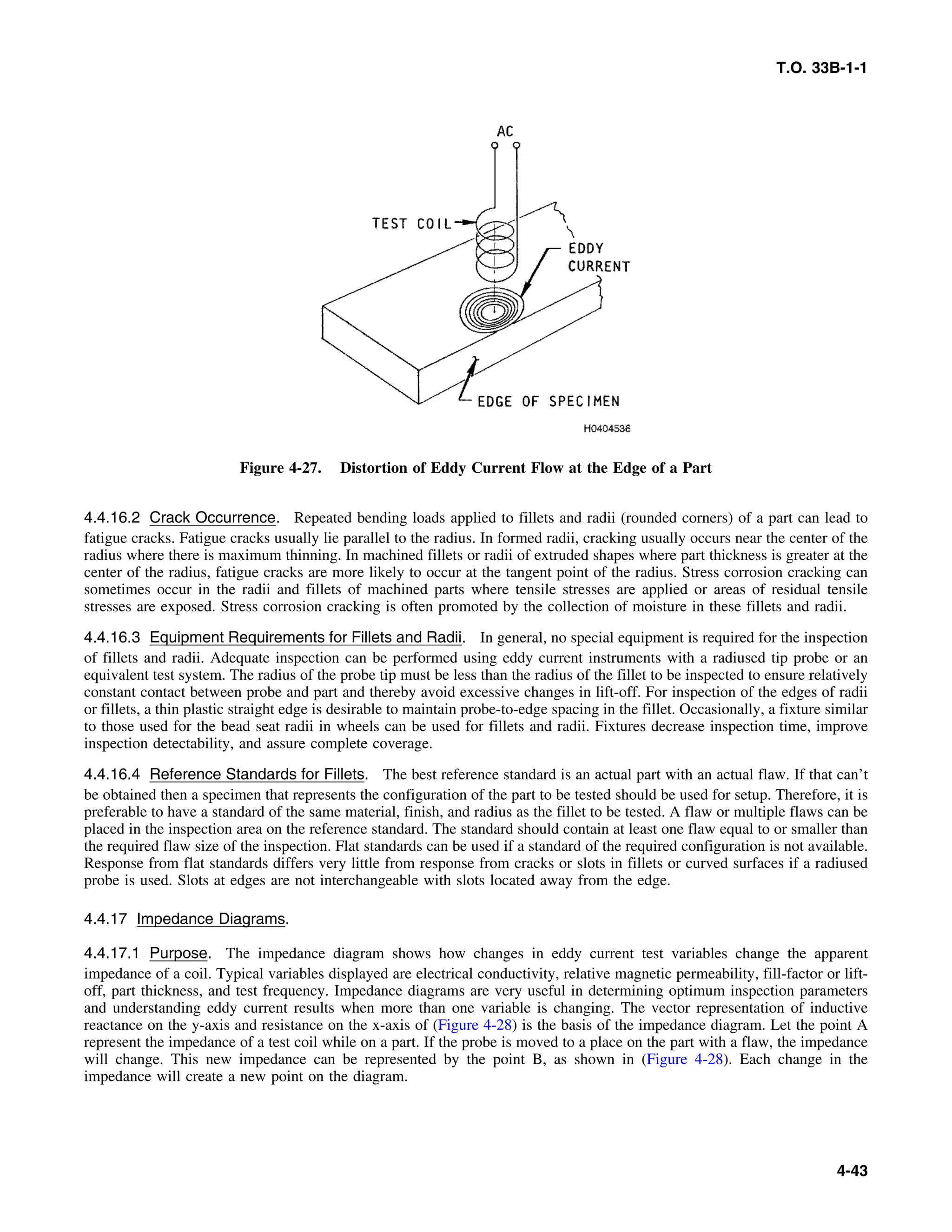 T.O. 33B-1-1
Figure 4-27. Distortion of Eddy Current Flow at the Edge of a Part
4.4.16.2 Crack Occurrence. Repeated bending loads applied to fillets and radii (rounded corners) of a part can lead to
fatigue cracks. Fatigue cracks usually lie parallel to the radius. In formed radii, cracking usually occurs near the center of the
radius where there is maximum thinning. In machined fillets or radii of extruded shapes where part thickness is greater at the
center of the radius, fatigue cracks are more likely to occur at the tangent point of the radius. Stress corrosion cracking can
sometimes occur in the radii and fillets of machined parts where tensile stresses are applied or areas of residual tensile
stresses are exposed. Stress corrosion cracking is often promoted by the collection of moisture in these fillets and radii.
4.4.16.3 Equipment Requirements for Fillets and Radii. In general, no special equipment is required for the inspection
of fillets and radii. Adequate inspection can be performed using eddy current instruments with a radiused tip probe or an
equivalent test system. The radius of the probe tip must be less than the radius of the fillet to be inspected to ensure relatively
constant contact between probe and part and thereby avoid excessive changes in lift-off. For inspection of the edges of radii
or fillets, a thin plastic straight edge is desirable to maintain probe-to-edge spacing in the fillet. Occasionally, a fixture similar
to those used for the bead seat radii in wheels can be used for fillets and r