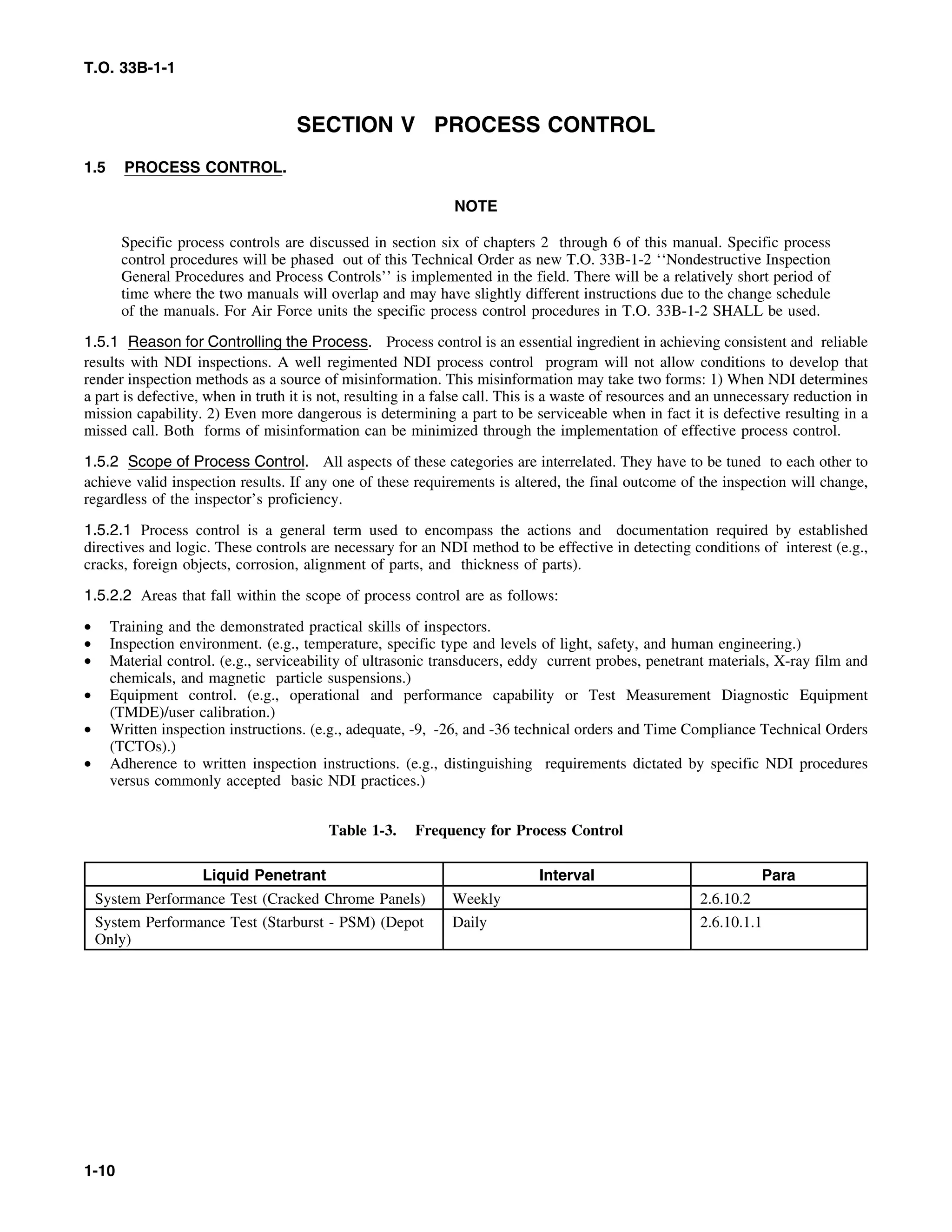T.O. 33B-1-1
SECTION V PROCESS CONTROL
1.5 PROCESS CONTROL.
NOTE
Specific process controls are discussed in section six of chapters 2 through 6 of this manual. Specific process
control procedures will be phased out of this Technical Order as new T.O. 33B-1-2 ‘‘Nondestructive Inspection
General Procedures and Process Controls’’ is implemented in the field. There will be a relatively short period of
time where the two manuals will overlap and may have slightly different instructions due to the change schedule
of the manuals. For Air Force units the specific process control procedures in T.O. 33B-1-2 SHALL be used.
1.5.1 Reason for Controlling the Process. Process control is an essential ingredient in achieving consistent and reliable
results with NDI inspections. A well regimented NDI process control program will not allow conditions to develop that
render inspection methods as a source of misinformation. This misinformation may take two forms: 1) When NDI determines
a part is defective, when in truth it is not, resulting in a false call. This is a waste of resources and an unnecessary reduction in
mission capability. 2) Even more dangerous is determining a part to be serviceable when in fact it is defective resulting in a
missed call. Both forms of misinformation can be minimized through the implementation of effective process control.
1.5.2 Scope of Process Control. All aspects of these categories are interrelated. They have to be tuned to each other to
achieve valid inspection results. If any one of these requirements is altered, the final outcome of the inspection will change,
regardless of the inspector’s proficiency.
1.5.2.1 Process control is a general term used to encompass the actions and documentation required by established
directives and logic. These controls are necessary for an NDI method to be effective in detecting conditions of interest (e.g.,
cracks, foreign objects, corrosion, alignment of parts, and thickness of parts).
1.5.2.2 Areas that fall within the scope of process control are as follows:
• Training and the demonstrated practical skills of inspectors.
• Inspection environment. (e.g., temperature, specific type and levels of light, safety, and human engineering.)
• Material control. (e.g., serviceability of ultrasonic transducers, eddy current probes, penetrant materials, X-ray film and
chemicals, and magnetic particle suspensions.)
• Equipment control. (e.g., operational and performance capability or Test Measurement Diagnostic Equipment
(TMDE)/user calibration.)
• Written inspection instructions. (e.g., adequate, -9, -26, and -36 technical orders and Time Compliance Technical Orders
(TCTOs).)
• Adherence to written inspection instructions. (e.g., distinguishing requirements dictated by specific NDI procedures
versus commonly accepted basic NDI practices.)
Table 1-3. Frequency for Process Control
Liquid Penetrant Interval Para
System Performance Test (Cracked Chrome Panels) Weekly 2.6.10.2
System Performance Test (Starburst - PSM) (Depot Daily 2.6.10.1.1
Only)
1-10
 