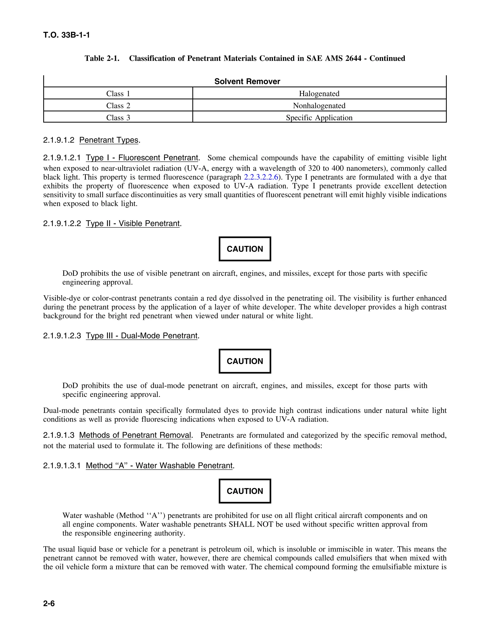 T.O. 33B-1-1
Table 2-1. Classification of Penetrant Materials Contained in SAE AMS 2644 - Continued
Solvent Remover
Class 1 Halogenated
Class 2 Nonhalogenated
Class 3 Specific Application
2.1.9.1.2 Penetrant Types.
2.1.9.1.2.1 Type I - Fluorescent Penetrant. Some chemical compounds have the capability of emitting visible light
when exposed to near-ultraviolet radiation (UV-A, energy with a wavelength of 320 to 400 nanometers), commonly called
black light. This property is termed fluorescence (paragraph 2.2.3.2.2.6). Type I penetrants are formulated with a dye that
exhibits the property of fluorescence when exposed to UV-A radiation. Type I penetrants provide excellent detection
sensitivity to small surface discontinuities as very small quantities of fluorescent penetrant will emit highly visible indications
when exposed to black light.
2.1.9.1.2.2 Type II - Visible Penetrant.
CAUTION
DoD prohibits the use of visible penetrant on aircraft, engines, and missiles, except for those parts with specific
engineering approval.
Visible-dye or color-contrast penetrants contain a red dye dissolved in the penetrating oil. The visibility is further enhanced
during the penetrant process by the application of a layer of white developer. The white developer provides a high contrast
background for the bright red penetrant when viewed under natural or white light.
2.1.9.1.2.3 Type III - Dual-Mode Penetrant.
CAUTION
DoD prohibits the use of dual-mode penetrant on aircraft, engines, and missiles, except for those parts with
specific engineering approval.
Dual-mode penetrants contain specifically formulated dyes to provide high contrast indications under natural white light
conditions as well as provide fluorescing indications when exposed to UV-A radiation.
2.1.9.1.3 Methods of Penetrant Removal. Penetrants are formulated and categorized by the specific removal method,
not the material used to formulate it. The following are definitions of these methods:
2.1.9.1.3.1 Method ‘‘A’’ - Water Washable Penetrant.
CAUTION
Water washable (Method ‘‘A’’) penetrants are prohibited for use on all flight critical aircraft components and on
all engine components. Water washable penetrants SHALL NOT be used without specific written approval from
the responsible engineering authority.
The usual liquid base or vehicle for a penetrant is petroleum oil, which is insoluble or immiscible in water. This means the
penetrant cannot be removed with water, however, there are chemical compounds called emulsifiers that when mixed with
the oil vehicle form a mixture that can be removed with water. The chemical compound forming the emulsifiable mixture is
2-6
 