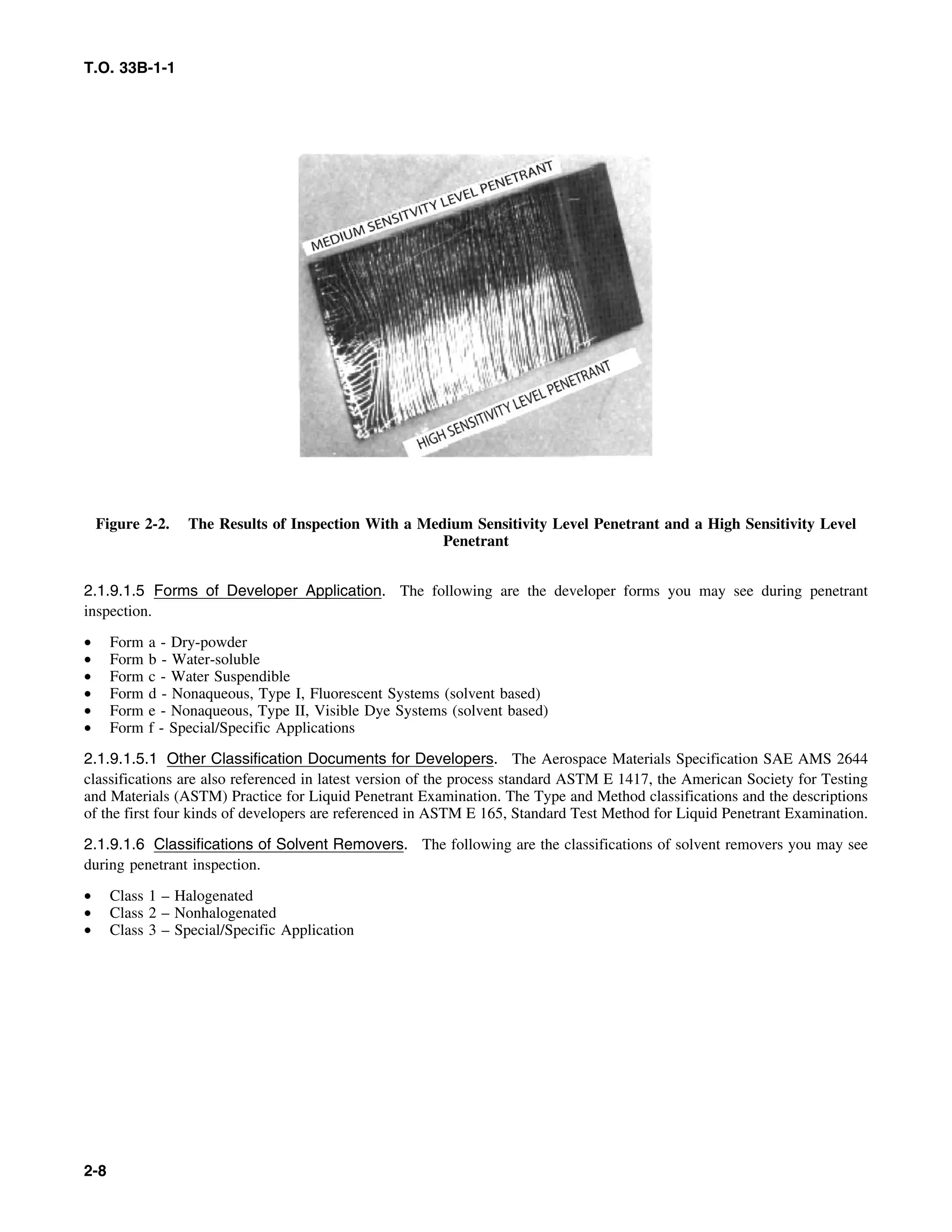 T.O. 33B-1-1
Figure 2-2. The Results of Inspection With a Medium Sensitivity Level Penetrant and a High Sensitivity Level
Penetrant
2.1.9.1.5 Forms of Developer Application. The following are the developer forms you may see during penetrant
inspection.
• Form a - Dry-powder
• Form b - Water-soluble
• Form c - Water Suspendible
• Form d - Nonaqueous, Type I, Fluorescent Systems (solvent based)
• Form e - Nonaqueous, Type II, Visible Dye Systems (solvent based)
• Form f - Special/Specific Applications
2.1.9.1.5.1 Other Classification Documents for Developers. The Aerospace Materials Specification SAE AMS 2644
classifications are also referenced in latest version of the process standard ASTM E 1417, the American Society for Testing
and Materials (ASTM) Practice for Liquid Penetrant Examination. The Type and Method classifications and the descriptions
of the first four kinds of developers are referenced in ASTM E 165, Standard Test Method for Liquid Penetrant Examination.
2.1.9.1.6 Classifications of Solvent Removers. The following are the classifications of solvent removers you may see
during penetrant inspection.
• Class 1 – Halogenated
• Class 2 – Nonhalogenated
• Class 3 – Special/Specific Application
2-8
 