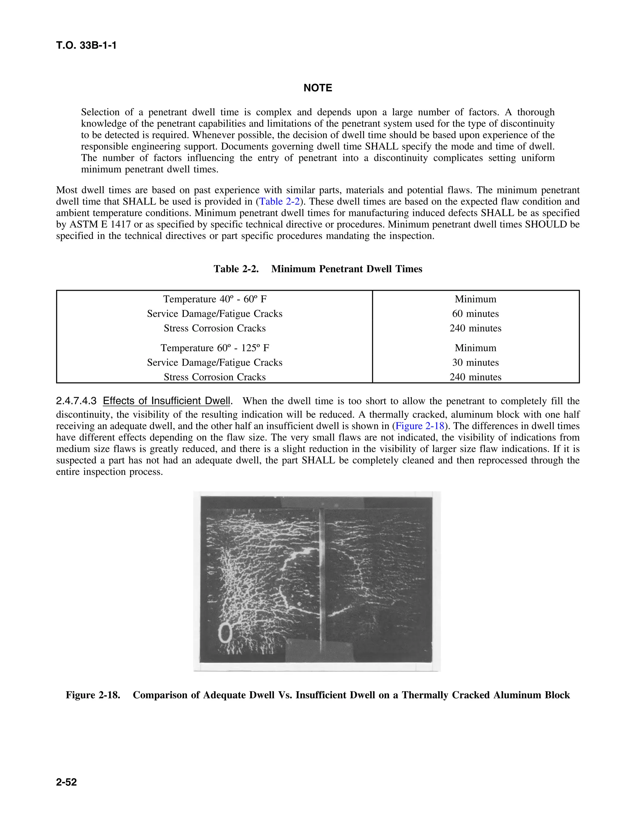 T.O. 33B-1-1
NOTE
Selection of a penetrant dwell time is complex and depends upon a large number of factors. A thorough
knowledge of the penetrant capabilities and limitations of the penetrant system used for the type of discontinuity
to be detected is required. Whenever possible, the decision of dwell time should be based upon experience of the
responsible engineering support. Documents governing dwell time SHALL specify the mode and time of dwell.
The number of factors influencing the entry of penetrant into a discontinuity complicates setting uniform
minimum penetrant dwell times.
Most dwell times are based on past experience with similar parts, materials and potential flaws. The minimum penetrant
dwell time that SHALL be used is provided in (Table 2-2). These dwell times are based on the expected flaw condition and
ambient temperature conditions. Minimum penetrant dwell times for manufacturing induced defects SHALL be as specified
by ASTM E 1417 or as specified by specific technical directive or procedures. Minimum penetrant dwell times SHOULD be
specified in the technical directives or part specific procedures mandating the inspection.
Table 2-2. Minimum Penetrant Dwell Times
Temperature 40º - 60º F Minimum
Service Damage/Fatigue Cracks 60 minutes
Stress Corrosion Cracks 240 minutes
Temperature 60º - 125º F Minimum
Service Damage/Fatigue Cracks 30 minutes
Stress Corrosion Cracks 240 minutes
2.4.7.4.3 Effects of Insufficient Dwell. When the dwell time is too short to allow the penetrant to completely fill the
discontinuity, the visibility of the resulting indication will be reduced. A thermally cracked, aluminum block with one half
receiving an adequate dwell, and the other half an insufficient dwell is shown in (Figure 2-18). The differences in dwell times
have different effects depending on the flaw size. The very small flaws are not indicated, the visibility of indications from
medium size flaws is greatly reduced, and there is a slight reduction in the visibility of larger size flaw indications. If it is
suspected a part has not had an adequate dwell, the part SHALL be completely cleaned and then reprocessed through the
entire inspection process.
Figure 2-18. Comparison of Adequate Dwell Vs. Insufficient Dwell on a Thermally Cracked Aluminum Block
2-52
 