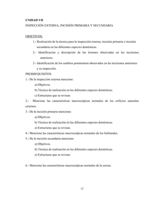 UNIDAD VII
INSPECCIÓN EXTERNA, INCISIÓN PRIMARIA Y SECUNDARIA


OBJETIVOS:
      1.- Realización de la técnica para la inspección externa, incisión primaria e incisión
            secundaria en las diferentes especies domésticas.
      2.- Identificación y descripción de las lesiones observadas en las incisiones
              anteriores.
      3.- Identificación de los cambios postmortem observados en las incisiones anteriores
            y su inspección.
PRERREQUISITOS:
1.- De la inspección externa mencione:
       a) Objetivos.
       b) Técnica de realización en las diferentes especies domésticas.
       c) Estructuras que se revisan.
2.-   Mencione las características macroscópicas normales de los orificios naturales
externos.
3.- De la incisión primaria mencione:
       a) Objetivos.
       b) Técnica de realización en las diferentes especies domésticas.
       e) Estructuras que se revisan.
4.- Mencione las características macroscópicas normales de los linfonodos.
5.- De la incisión secundaria mencione:
       a) Objetivos.
       b) Técnica de realización en las diferentes especies domésticas.
       e) Estructuras que se revisan.


6.- Mencione las características macroscópicas normales de la serosa.




                                               22
 