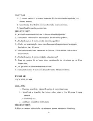 OBJETIVOS:
   1.- El alumno revisará la técnica de inspección del sistema músculo esquelético y del
      sistema nervioso.
  2.- Identificará y describirá las lesiones observadas en estos sistemas.
  3.- Identificará los cambios postmortem.
PRERREQUISITOS:
1.- ¿Cual es la importancia de revisar el sistema músculo esquelético?
2.- Mencione las características macroscópicas del músculo esquelético.
3.- ¿Cual es la técnica de inspección del músculo esquelético.
4.- ¿Cuáles son las principales masas musculares que se inspeccionan en las especies
   domésticas a nivel del rastro?
5.- Mencione que estructuras forman una articulación y cuales son sus características
   macroscópicas.
6.- ¿Cual es la técnica de inspección de las articulaciones?
7.- Haga un esquema de un hueso largo, mencionando las estructuras que se deben
    inspeccionar.
8.- ¿En qué hueso se revisa la línea de osificación?
9.- Mencione la técnica de extracción de cerebro en las diferentes especies.


UNIDAD XII
NECROPSIA DE AVE


OBJETIVOS:
      1.- El alumno aprenderá a efectuar la técnica de necropsia en aves.
      2.- Identificará y describirá las lesiones observadas en los diferentes órganos,
            aparatos
         y sistemas del ave.
      3.- Identificará los cambios postmortem.
PRERREQUISITOS:
1.- Haga un esquema indicando las estructuras de: aparato respiratorio, digestivo y

                                              26
 