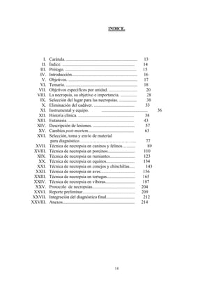 INDICE.




      I.   Carátula. .................................................................        13
     II.   Índice. ..................................................................        14
    III.   Prólogo. .................................................................        15
   IV.     Introducción............................................................          16
     V.    Objetivos. ...............................................................         17
   VI.     Temario. .................................................................         18
   VII.    Objetivos específicos por unidad. ..........................                         20
  VIII.    La necropsia, su objetivo e importancia. ...............                             28
   IX.     Selección del lugar para las necropsias. ................                            30
     X.    Eliminación del cadáver. .....................................                      33
   XI.     Instrumental y equipo.                      ..........................................     36
   XII.    Historia clínica. ...................................................               38
  XIII.    Eutanasia. ............................................................            43
  XIV.     Descripción de lesiones. ......................................                     57
  XV.      Cambios post-mortem..........................................                      63
  XVI.     Selección, toma y envío de material
            para diagnóstico………………………………....                                                   77
  XVII.    Técnica de necropsia en caninos y felinos…........                                    89
 XVIII.    Técnica de necropsia en porcinos.........................                         110
  XIX.     Técnica de necropsia en rumiantes.......................                          123
   XX.     Técnica de necropsia en equinos..........................                         134
  XXI.     Técnica de necropsia en conejos y chinchillas.....                                  143
  XXII.    Técnica de necropsia en aves................................                      156
 XXIII.    Técnica de necropsia en tortugas..........................                        165
 XXIV.     Técnica de necropsia en víboras...........................                       187
 XXV.      Protocolo de necropsias.......................................                  204
 XXVI.     Reporte preliminar................................................              209
XXVII.     Integración del diagnóstico final..........................                       212
XXVIII.    Anexos..................................................................        214




                                                                   14
 
